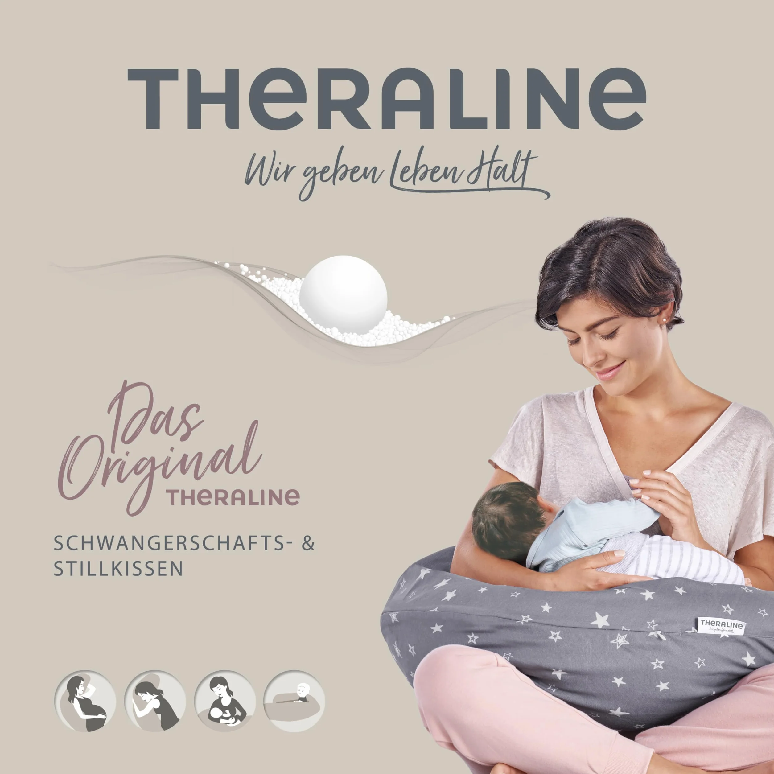 Theraline Oryginalna poduszka ciążowa i poduszka do karmienia 190 cm – poduszka dla osób śpiących na boku, poduszka do karmienia z perłami – w zestawie poszewka na poduszkę do karmienia z kolekcji