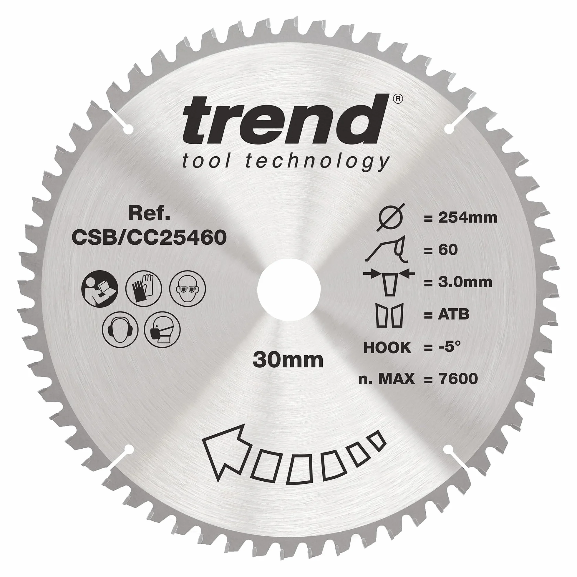 Trend Wood brzeszczot do piły ukośnej, średnica 254 mm, otwór 30 mm, 60 zębów, szczelina cięcia 3 mm, hak -5°, TCT, cienka powierzchnia, CSB/CC25460