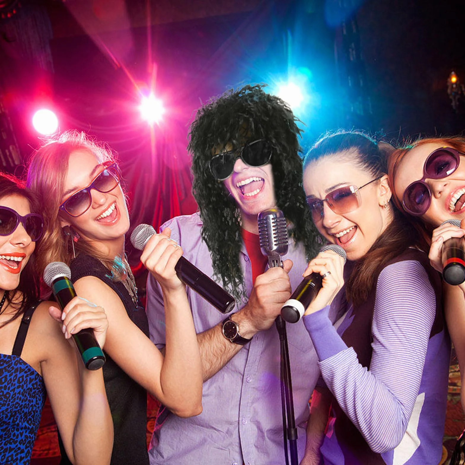 Zestaw Peruki Rock Lata 80-te Męskie Hippie Kręcone na Halloween Karnawał z Okularami Przeciwsłonecznymi 2 Sztuki