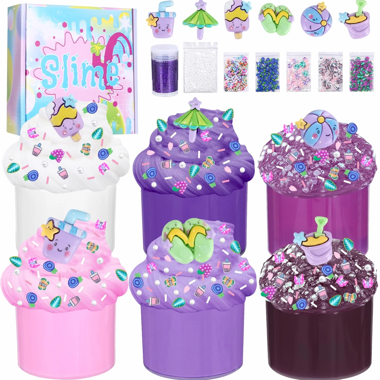 Zestaw 6 szt. fioletowych slime – puszysta chmura, masło i przezroczysty slime, crunchy slime dla dzieci, urodziny, Halloween, Boże Narodzenie, prezent dla dziewcząt i chłopców