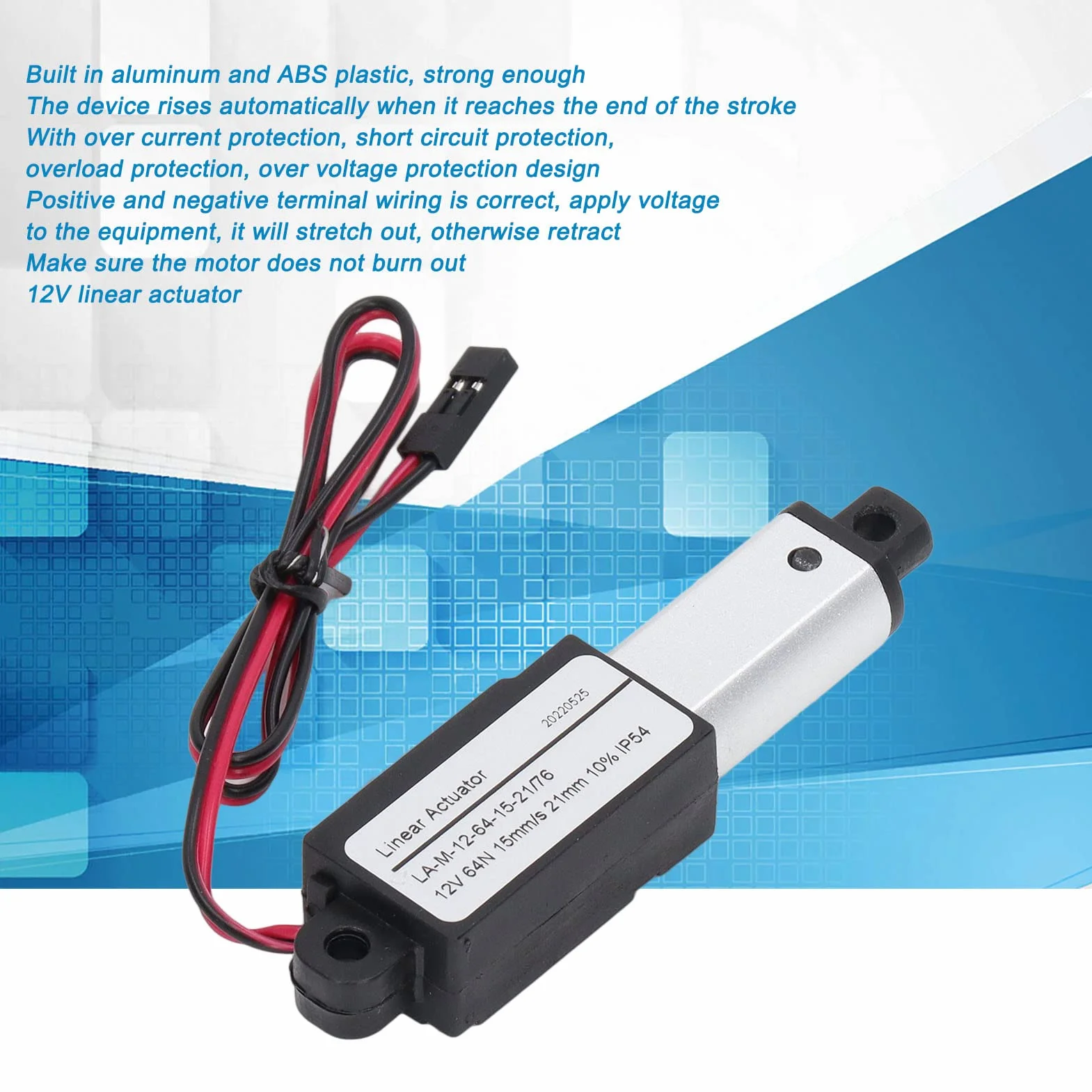 Mini Elektryczny Siłownik Liniowy 12V, 64N 15mm/s Mały Siłownik Liniowy z Uchwytami Montażowymi, Wodoodporny Siłownik Ruchu IP54 do Automatyki Domowej (21 mm)
