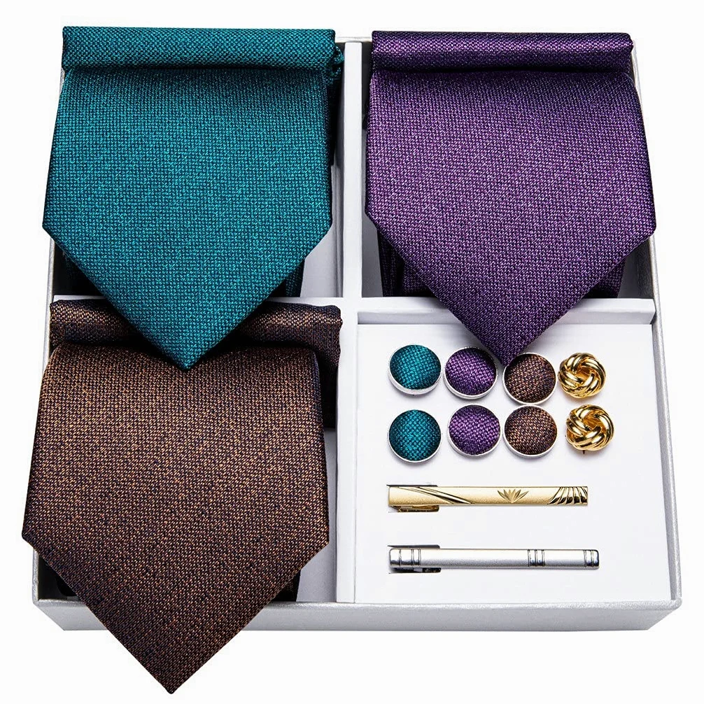 3-pak Blauw Brown Solidny męski zestaw krawatów Poszetka Kwadratowe spinki do mankietów Prezent Biznesowy klips do krawata ślubnego (kolor: rozmiar jeden rozmiar) (Blauw