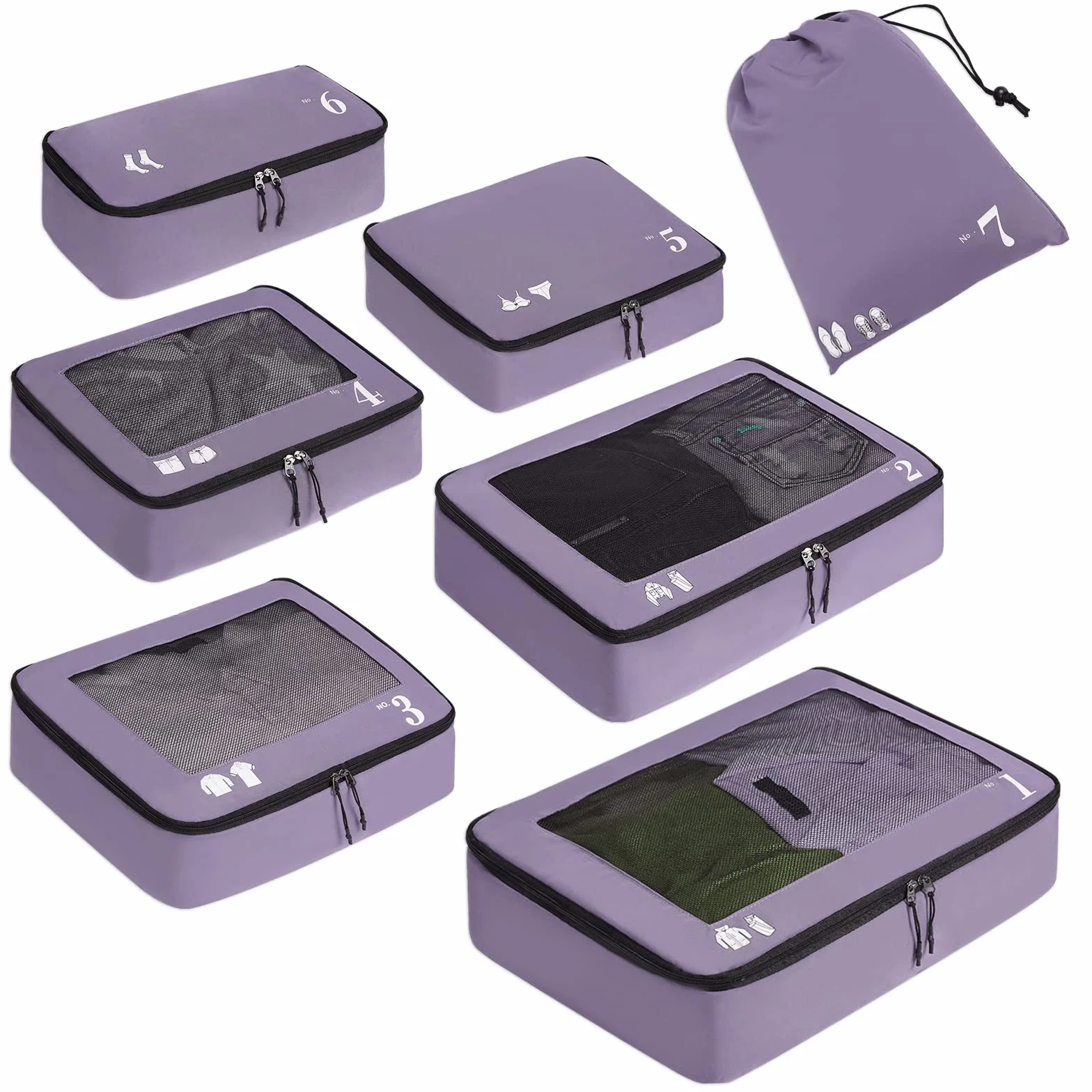 ECOHUB Kostki do pakowania do walizki 7 PCS Organizatory podróży Torby do pakowania Akcesoria podróżne Torby na buty dla podróżnych Torba do przechowywania Torby organizacyjne(Fioletowy)