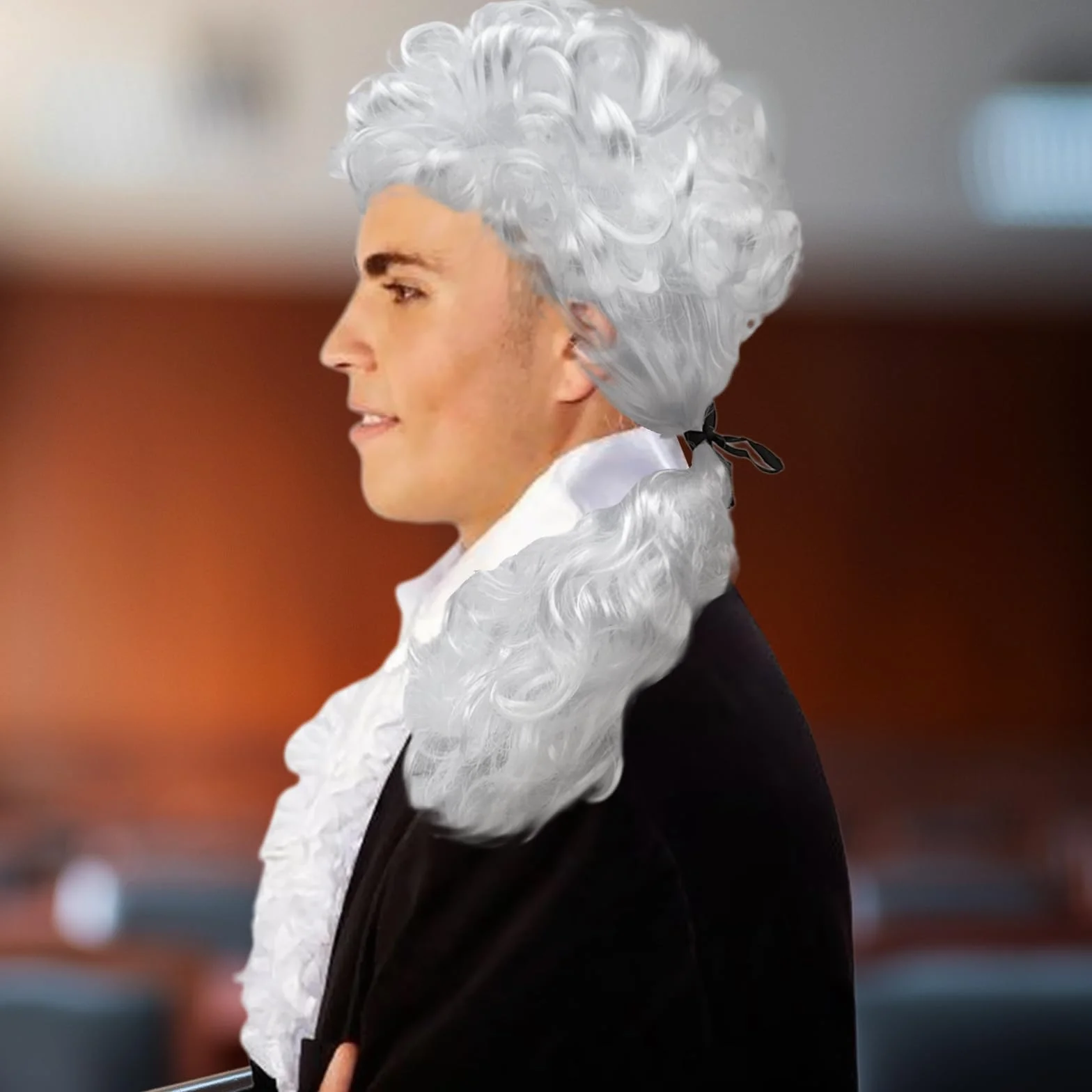 Peruka w stylu barokowym, renesansowa peruka sędzia lord kompozytor, peruka markiz z czarną wstążką, styl barokowy, męska szlachetna peruka, na Halloween, cosplay, szlachetna peruka, biała