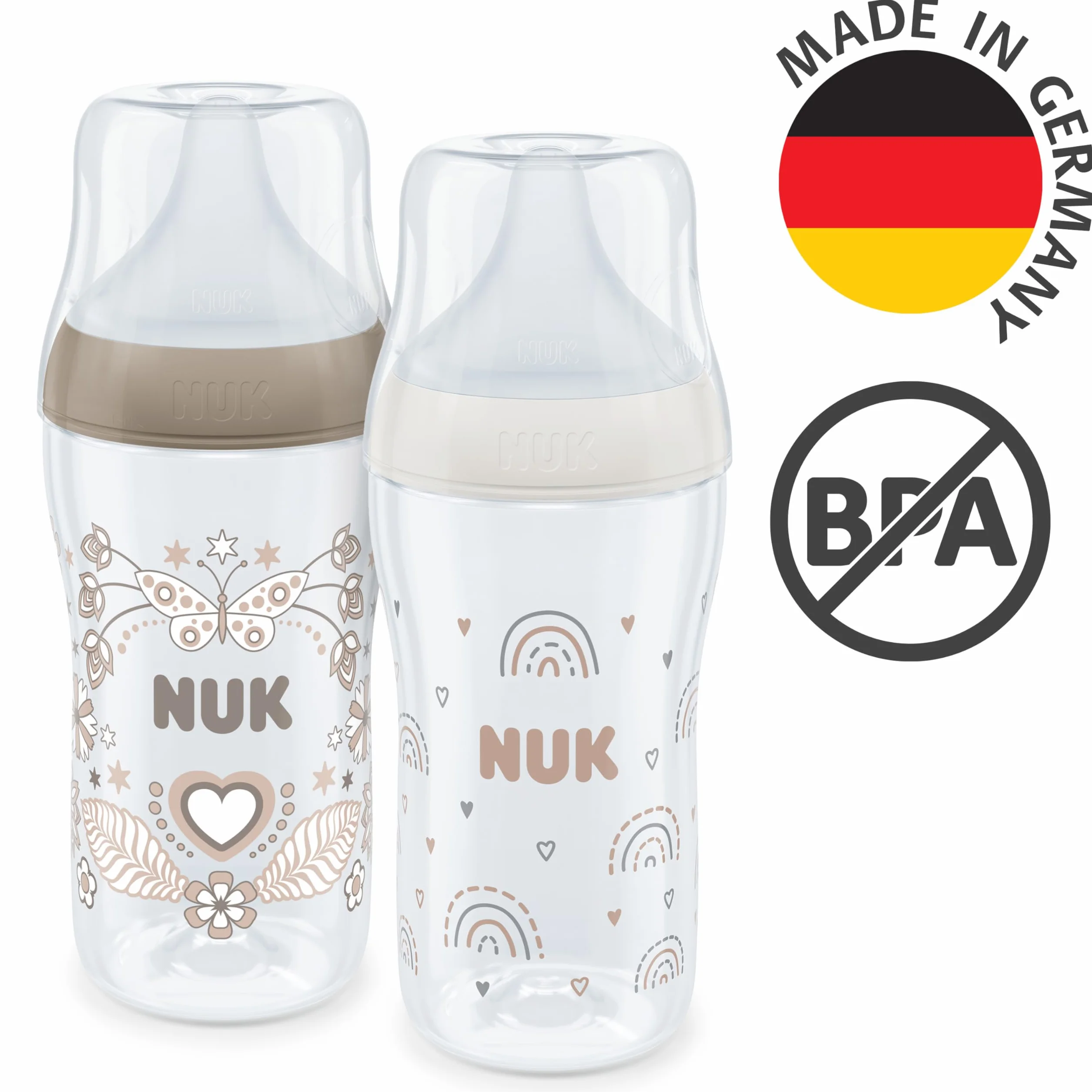 NUK Perfect Match Zestaw butelek dla niemowląt | 3+ miesięcy | Dostosowuje się do podniebienia, kontrola temperatury, odpowietrznik antykolkowy, 260 ml, bez BPA, silikonowy smoczek, tęcza i serce, 2