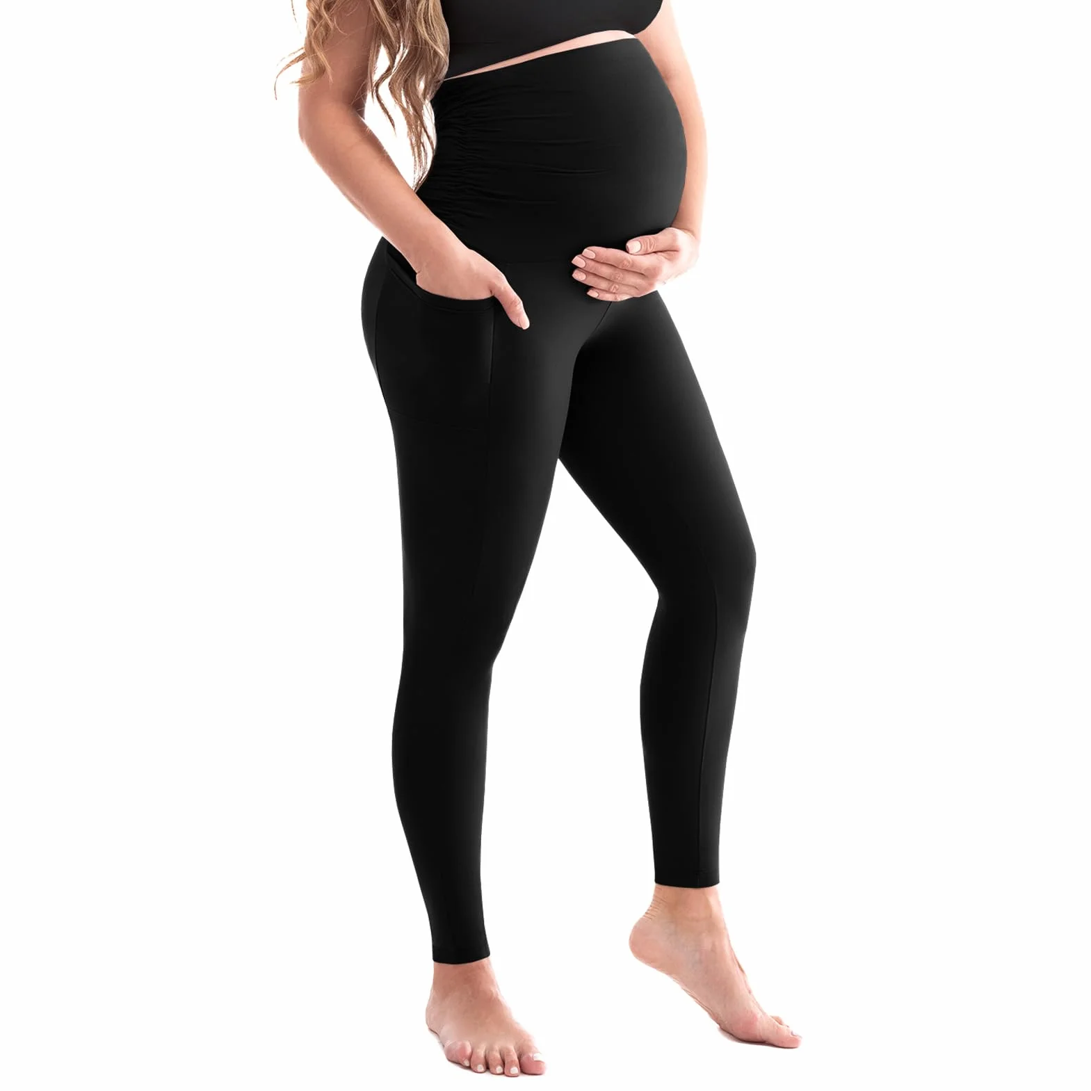 SINOPHANT Damskie legginsy ciążowe z wysoką talią, spodnie ciążowe z kieszeniami, nieprzezroczyste legginsy ciążowe, miękkie, elastyczne, moda ciążowa, do domu, jogi, L