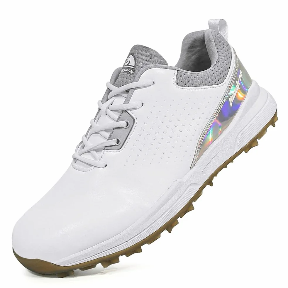 Męskie buty do golfa Spikless Leather Wide Fitting Golf Sneakers Outdoor Large Size Wodoodporne obuwie do chodzenia,White,41 EU