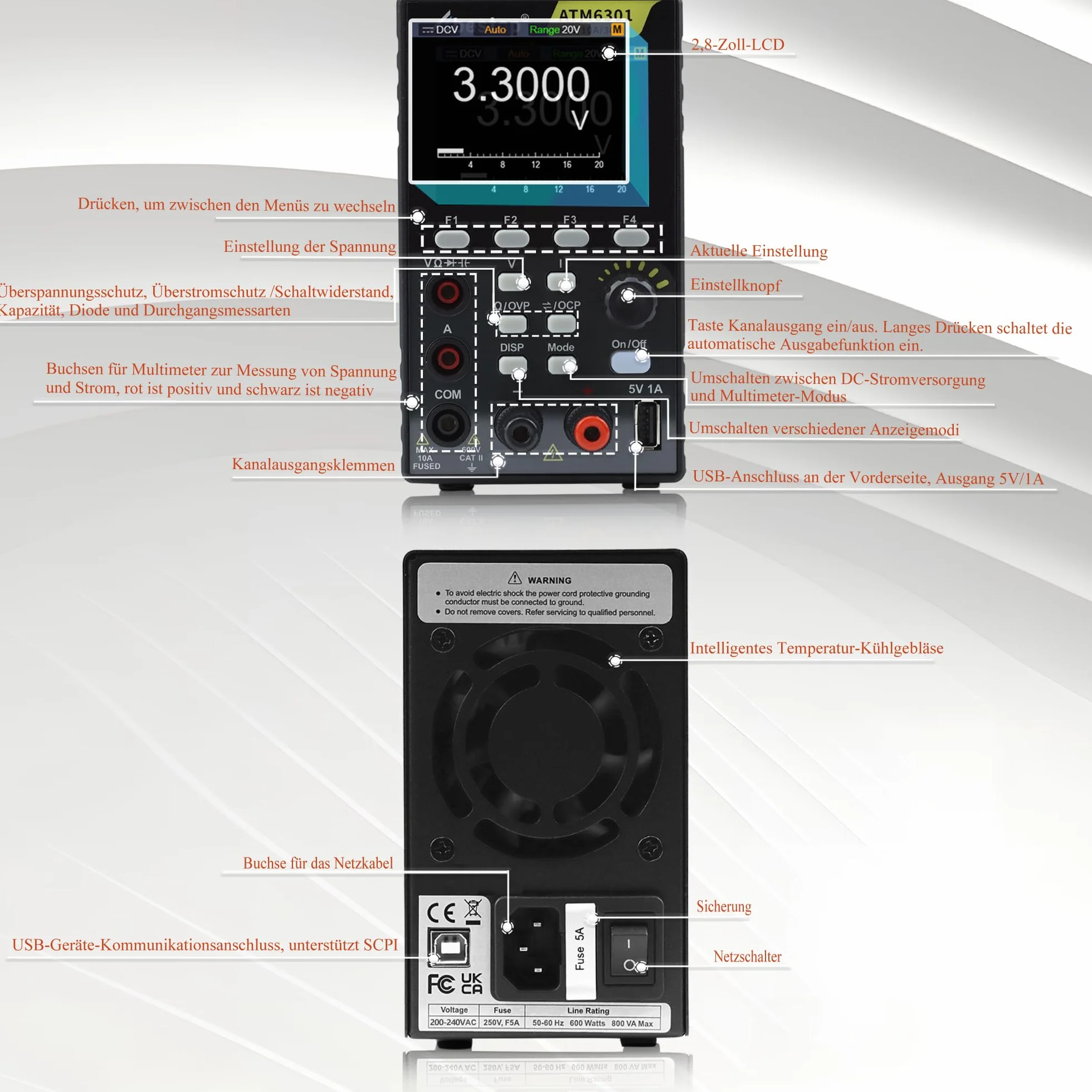 Multimetr DC 2 w 1 ATM6301 0-60 V 0-10 A 300 W 2,8-calowy wyświetlacz LCD USB