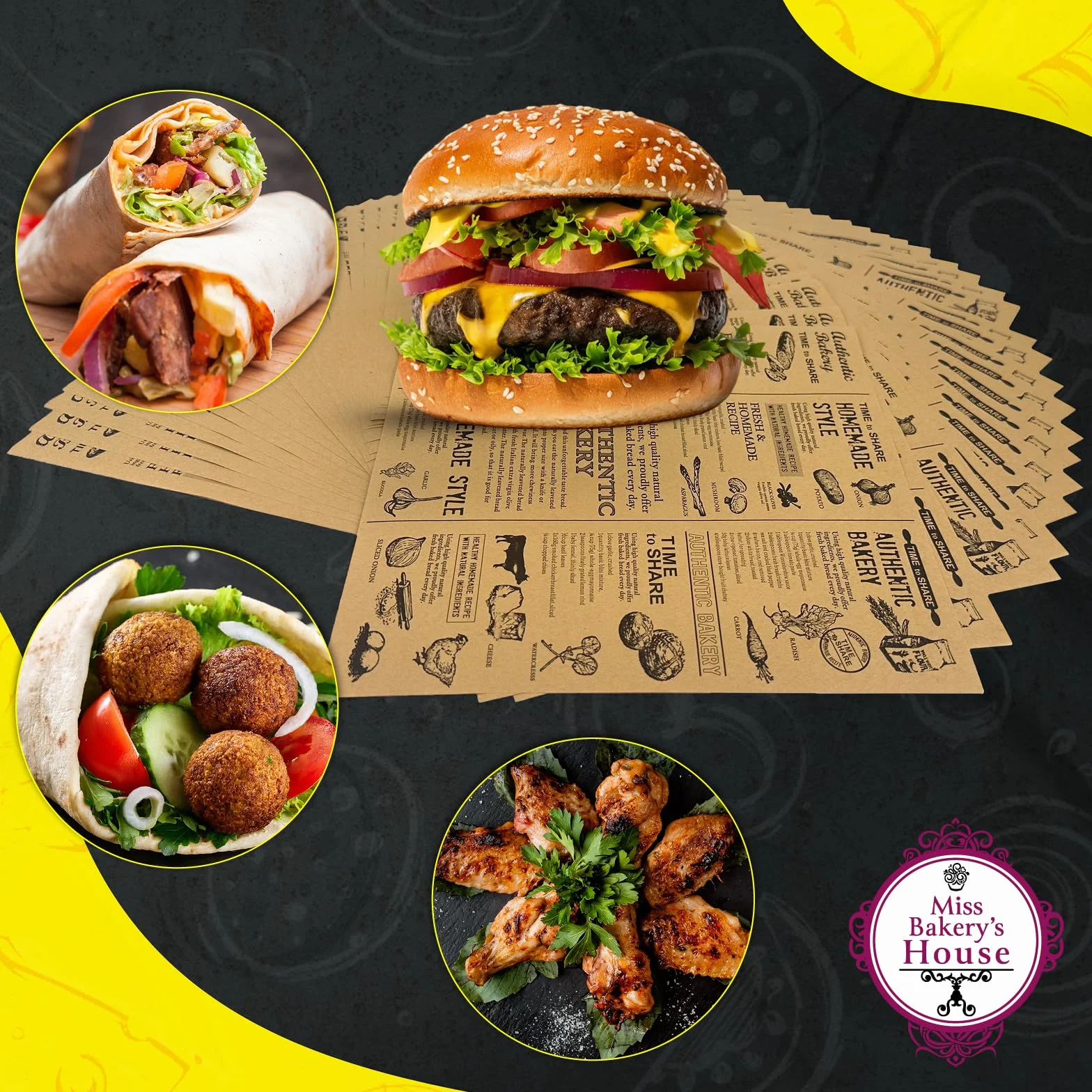 Miss Bakery’s House® Papier do nawijania żywności - 25x25 cm - brązowy - 100 sztuk - arkusze papieru na lunch - torebki papierowe na pieczywo
