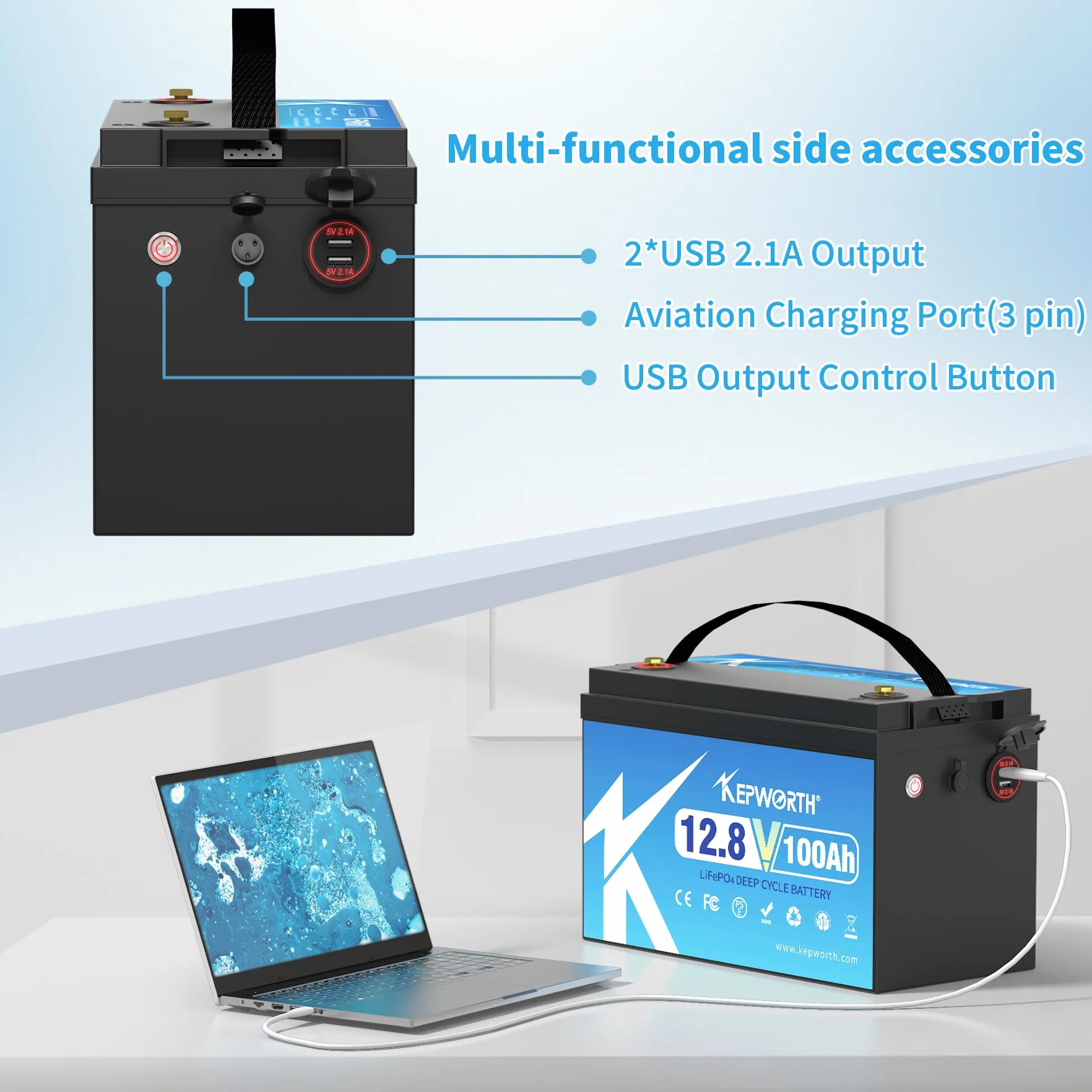 KEPWORTH 12V 100Ah LiFePO4 Akumulator Litowy, Do 15 000 Cykli i 10 Lat Żywotność, Bateria LiFePO4 z Płytką BMS 100A, Akumulator LiFEPO4 Idealny Do kamperów, Zastosowań Poza Siecią, Łodzie
