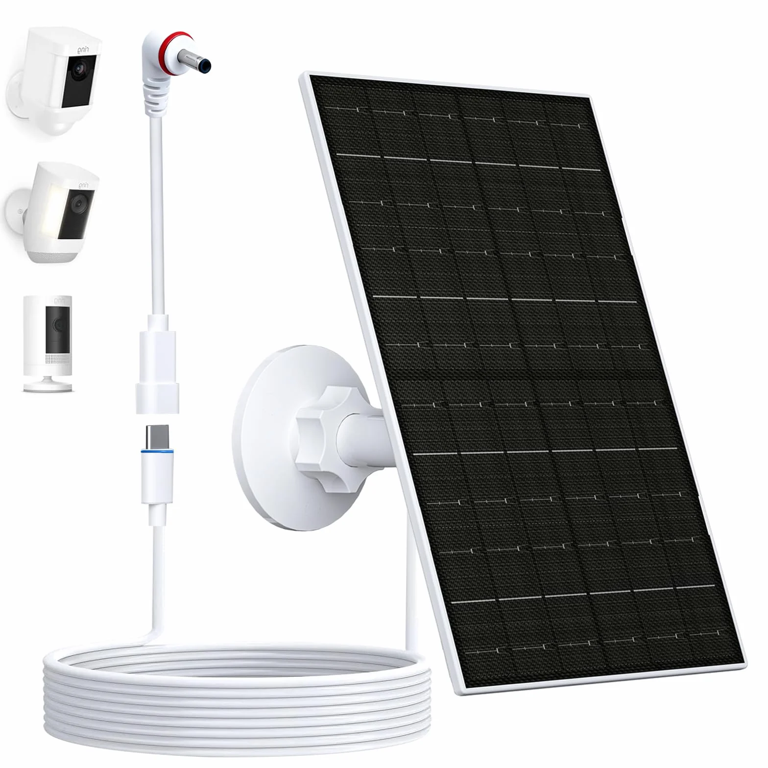 Panel słoneczny do kamery pierścieniowej, 7 W, kompatybilny z Ring Stick Up Cam (2/3. generacji) i Pro, Spotlight Cam Plus/Pro (akumulator), wodoszczelność IP66, z adapterem USB-C na 3,5 mm, kablem