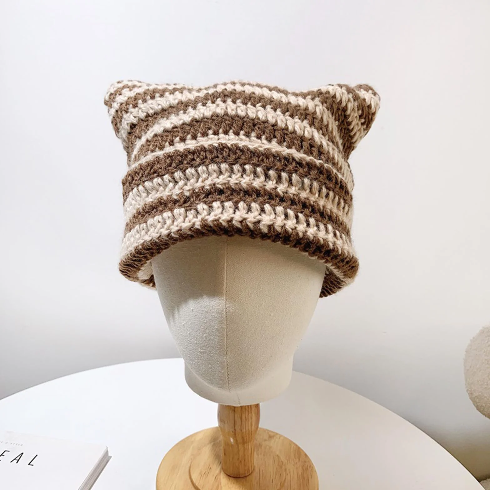JAWAI Czapka z uszami kota Y2k Cat Beanie dzianina beżowy curry 56-58 cm