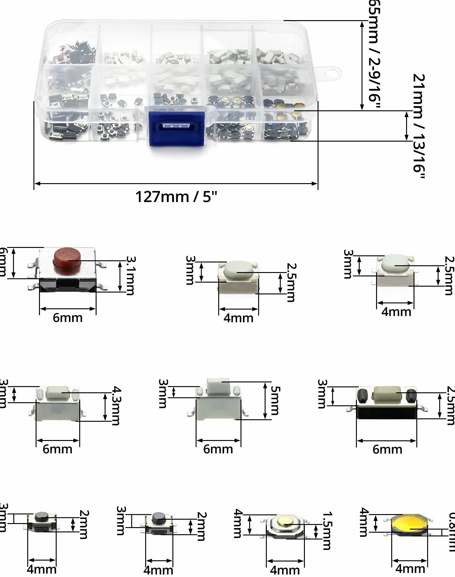 QWORK® 250 sztuk mikroprzełącznik 10 wartości, dotykowy przełącznik ciśnienia, mikroprzełącznik, z plastikowym pudełkiem, do kluczyków z pilotem samochodowym;