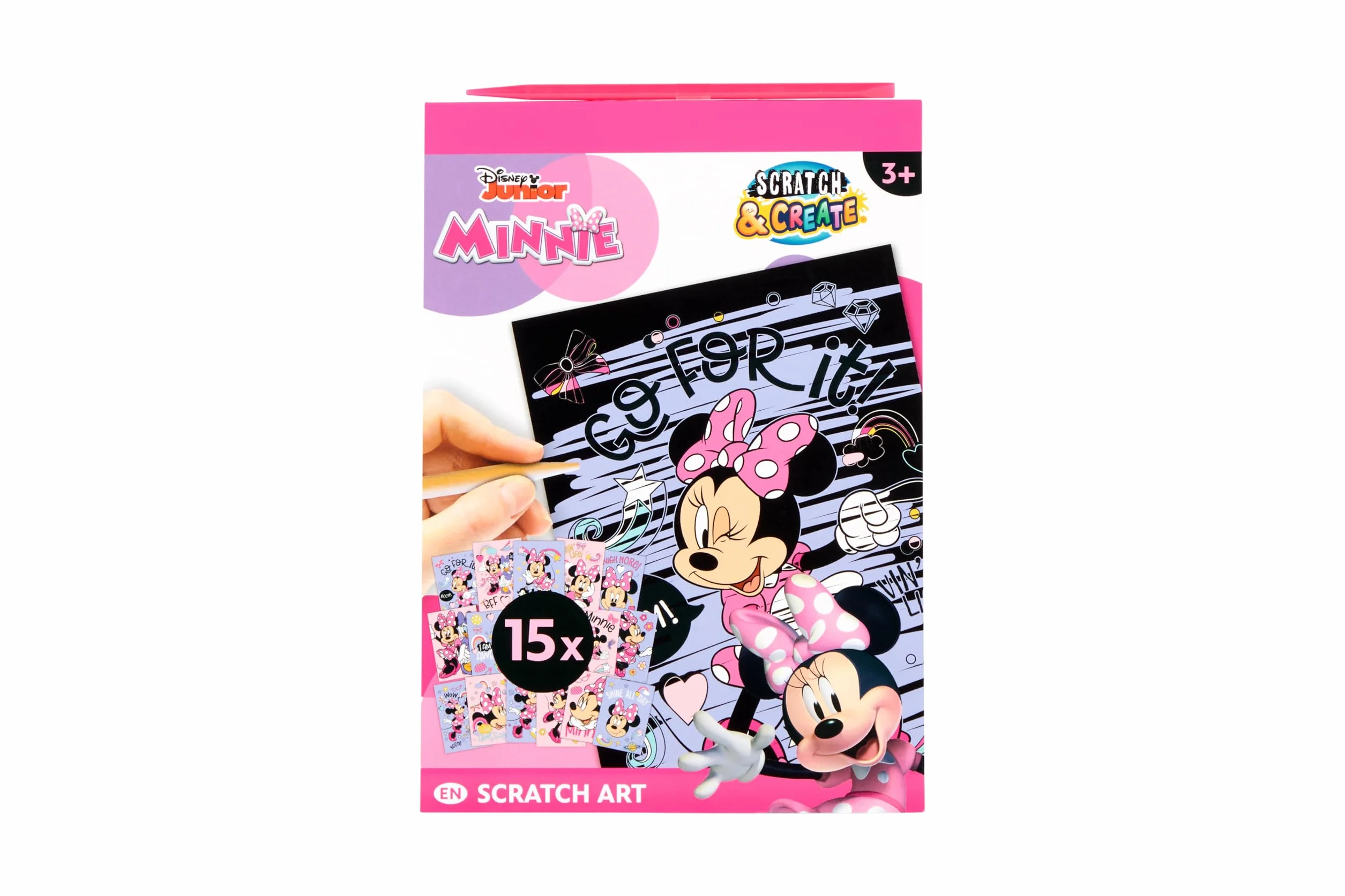 Disney Minnie Mouse Obrazki do zdrapywania książka A5 dla dzieci, zestaw z 15 motywami, w zestawie drewniany pisak do drapania, efekt tęczy, kreatywny zestaw od 3 lat