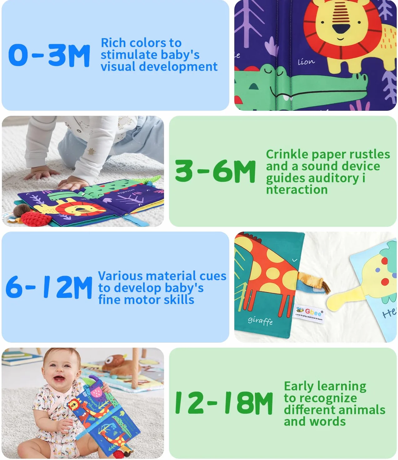 Montessori Quiet Book dla niemowląt, książka materiałowa dla niemowląt – 2-częściowy zestaw z książeczką z uczuciami i książeczką trzaskającą od 0, 3, 6 miesięcy, zabawka sensoryczna dla dzieci