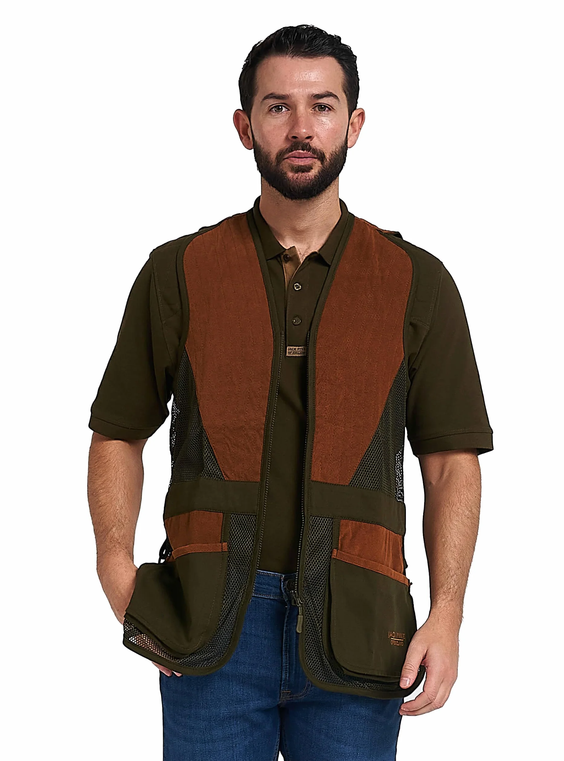 JACK PYKE Męska kamizelka Skeet – Clay Pigeon Shooting Vest z oddychającą siateczką, zamszowym wykończeniem i wieloma kieszeniami, lekka kurtka myśliwska, rozmiar S-3XL