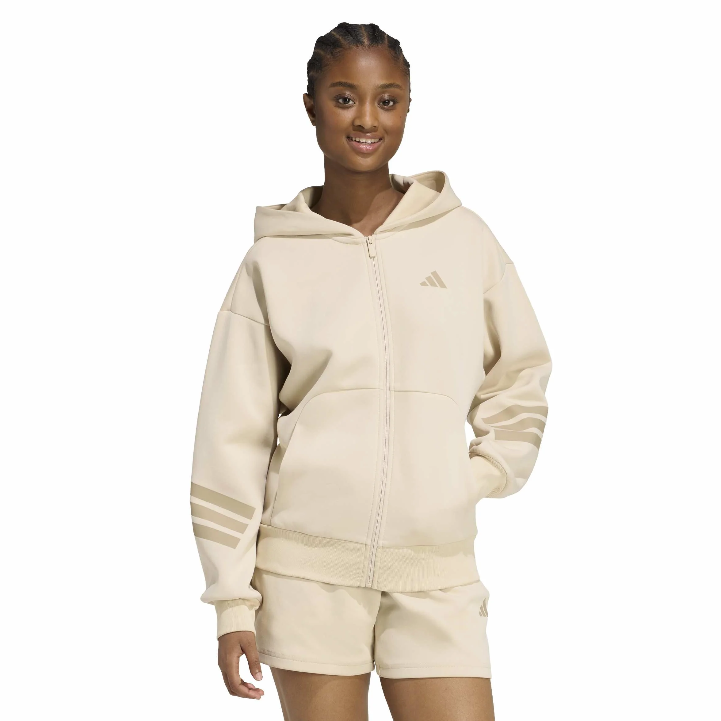 adidas dames FUTURE ICONS THREE STRIPES FULL ZIP HOODIE, Crystal Linen, L