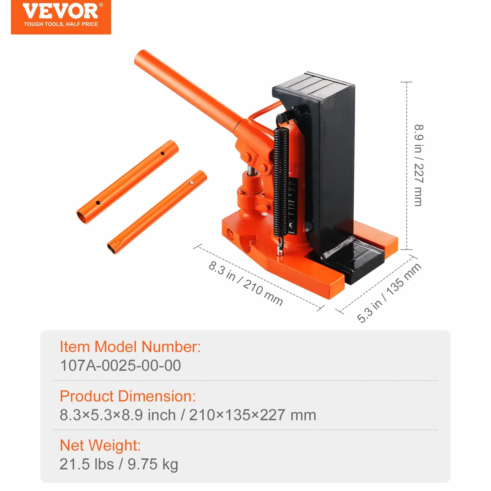 VEVOR Hydrauliczny Podnośnik Palcowy, 2,5 Tony, Udźwig 5 Ton, Wysokość 2-13,5 cm, Górna 22,6-34 cm, Do Maszyn
