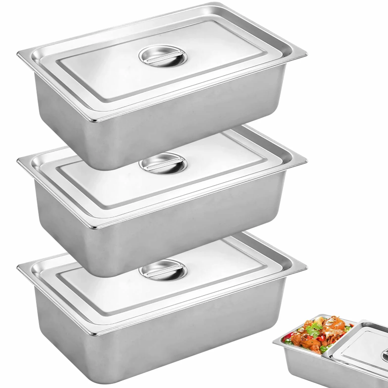 GBKDQQ 3-częściowy zestaw do panierowania ze stali nierdzewnej: 3 x pojemnik GN z pokrywką, 32,5 x 26,5 x 6,5 cm, pojemnik gastronomiczny, stal nierdzewna, metalowa, prostokątna, do panierowania ryb