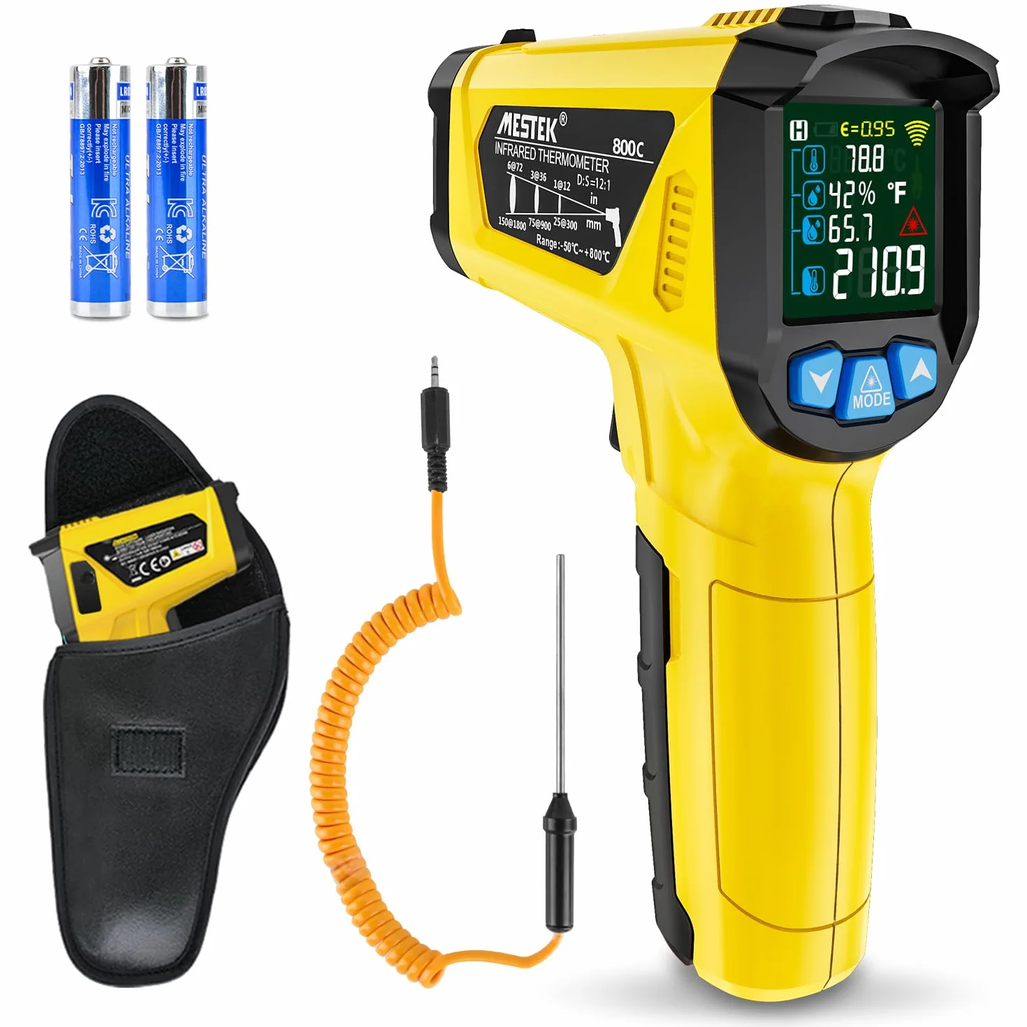 Termometr na Podczerwień Pistolet Cyfrowy Laserowy Temperaturowy z K-Sondą MESTEK Bezdotykowy Kolorowy Ekran LCD 50℃~800℃ Regulowana Emisyjność Wilgotność Gotowanie Piekarnik Grillowania Pizza Lodówka