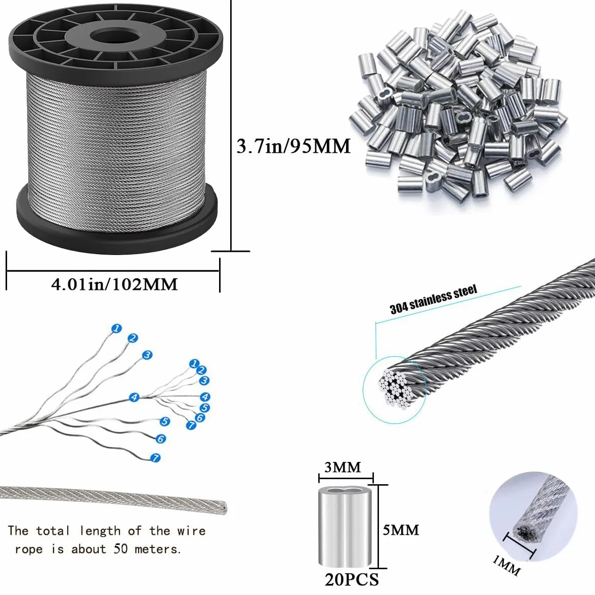 50 m Stahlseil 1 mm Linka Stalowa, 304 Stahl Drut Stalowy 7 x 7 Miękka/Elastyczna, 40 Szt. M1 Aluminiowa Tuleja Zaciskowa do Liny Stalowej, Zawieszenia, Zasłony, Kabla ze Stali Nierdzewnej