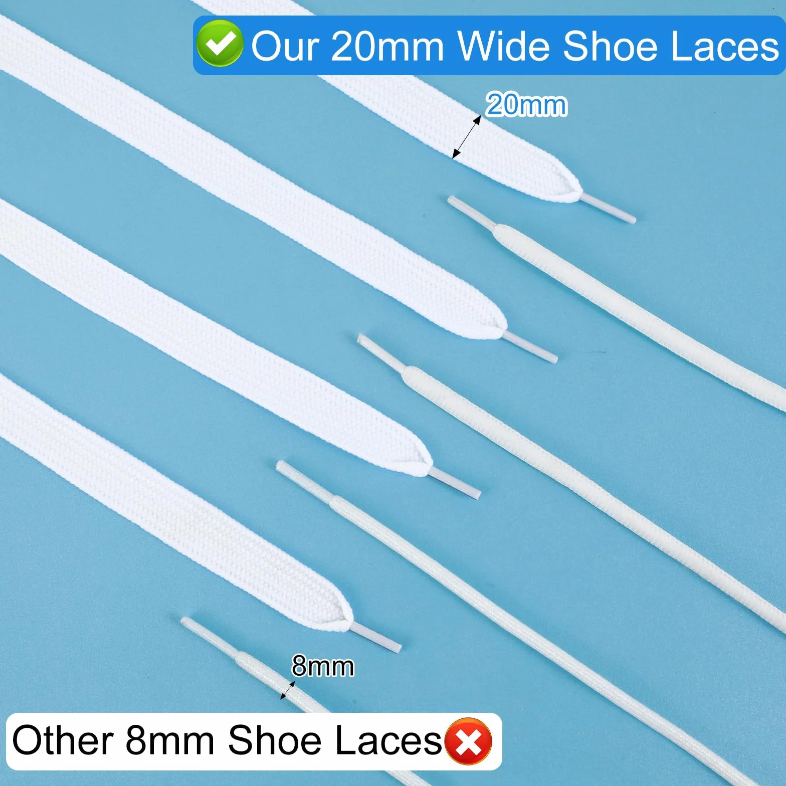 Ouligay 2 pary płaskich białych sznurowadeł do butów o szerokości 2 cm, 20 mm, białe sznurówki do butów, 119 cm, grube białe sznurowadła do trampek, długie sznurki do butów, dla mężczyzn i kobiet