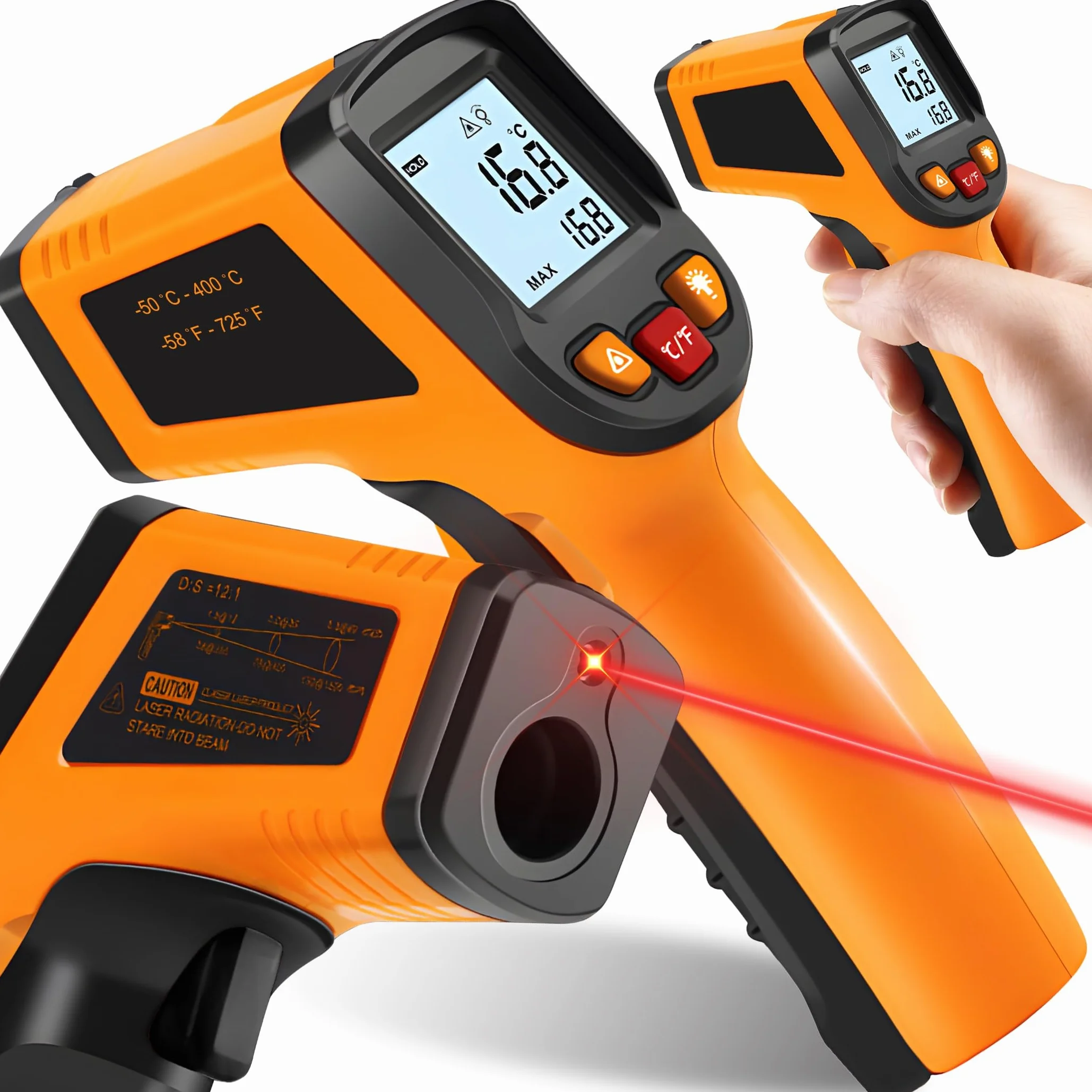 Retoo Termometr na podczerwień, miernik temperatury, cyfrowy, bezdotykowy, laserowy pistolet temperatury, wyświetlacz LCD, -50°C ~ 380°C (-58~716°F), miernik temperatury