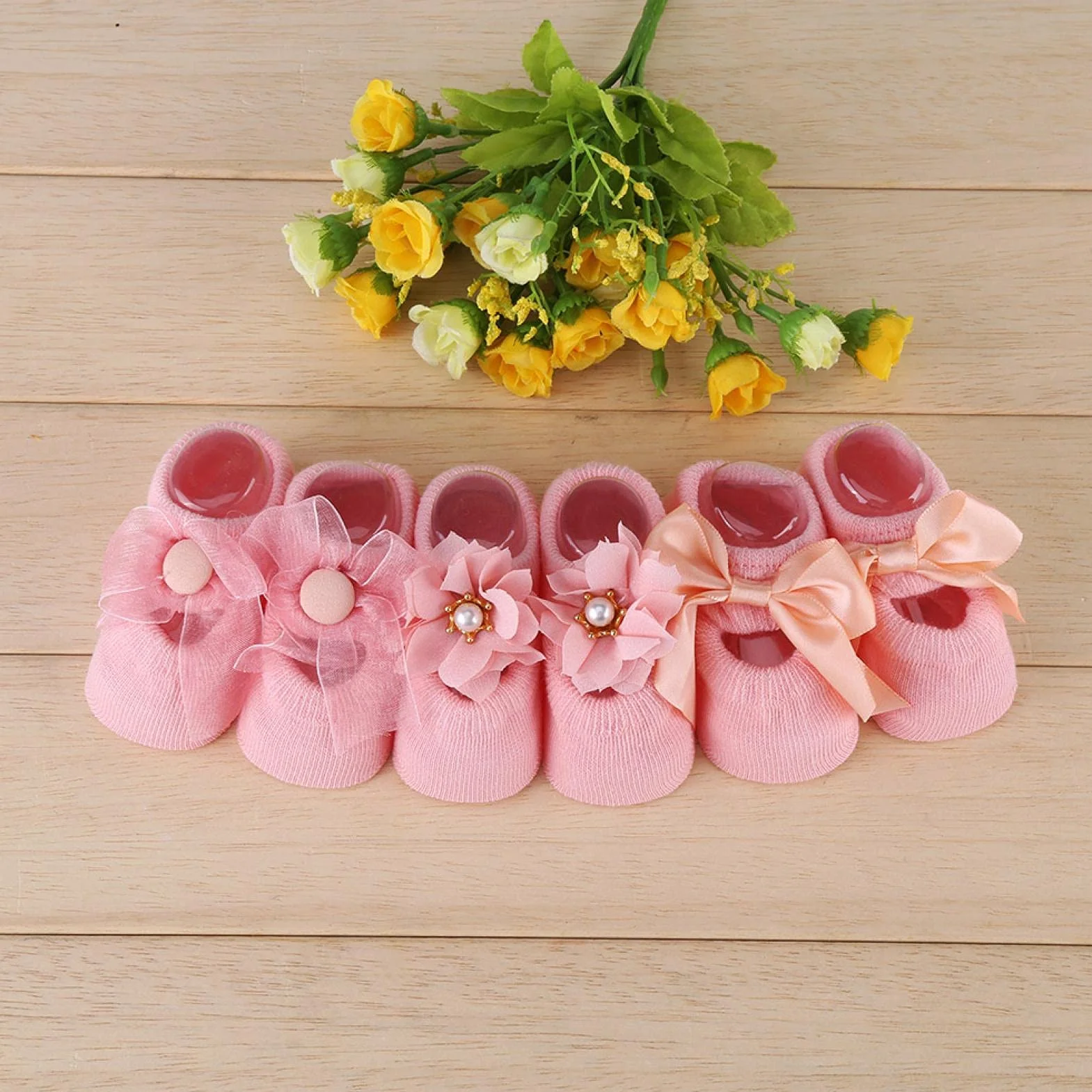 Skarpetki antypoślizgowe dla niemowląt, 3 pary/zestaw bawełniane antypoślizgowe koronkowe skarpetki podłogowe w kwiaty dla malucha niemowlę(M(1-3 years old)-Pink)