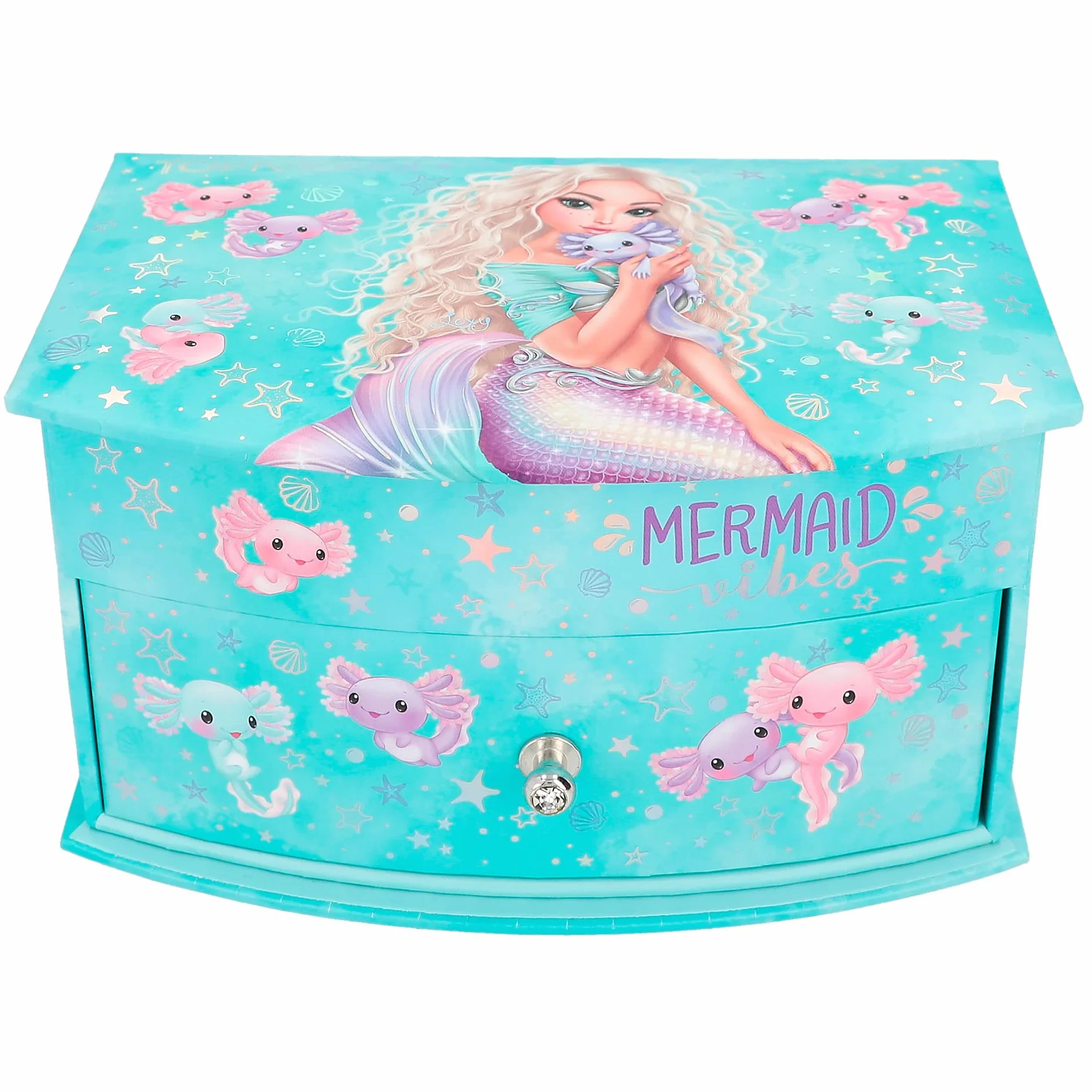 Depesche 12440 TOPModel Mermaid mała szkatułka na biżuterię w kolorze turkusowym z motywem syrenki, pudełko na biżuterię z lustrem i pokrywą na zawiasach