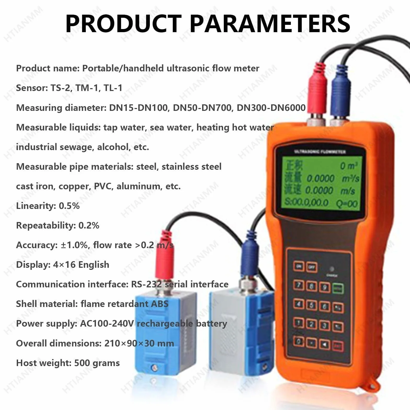 Ultrasonic Flow Meter Liquid Flowmeter TUF-2000H for Pipe Diameter DN15-DN6000mm LCD Display Handheld Ultrasonic Flow Meter(2)
