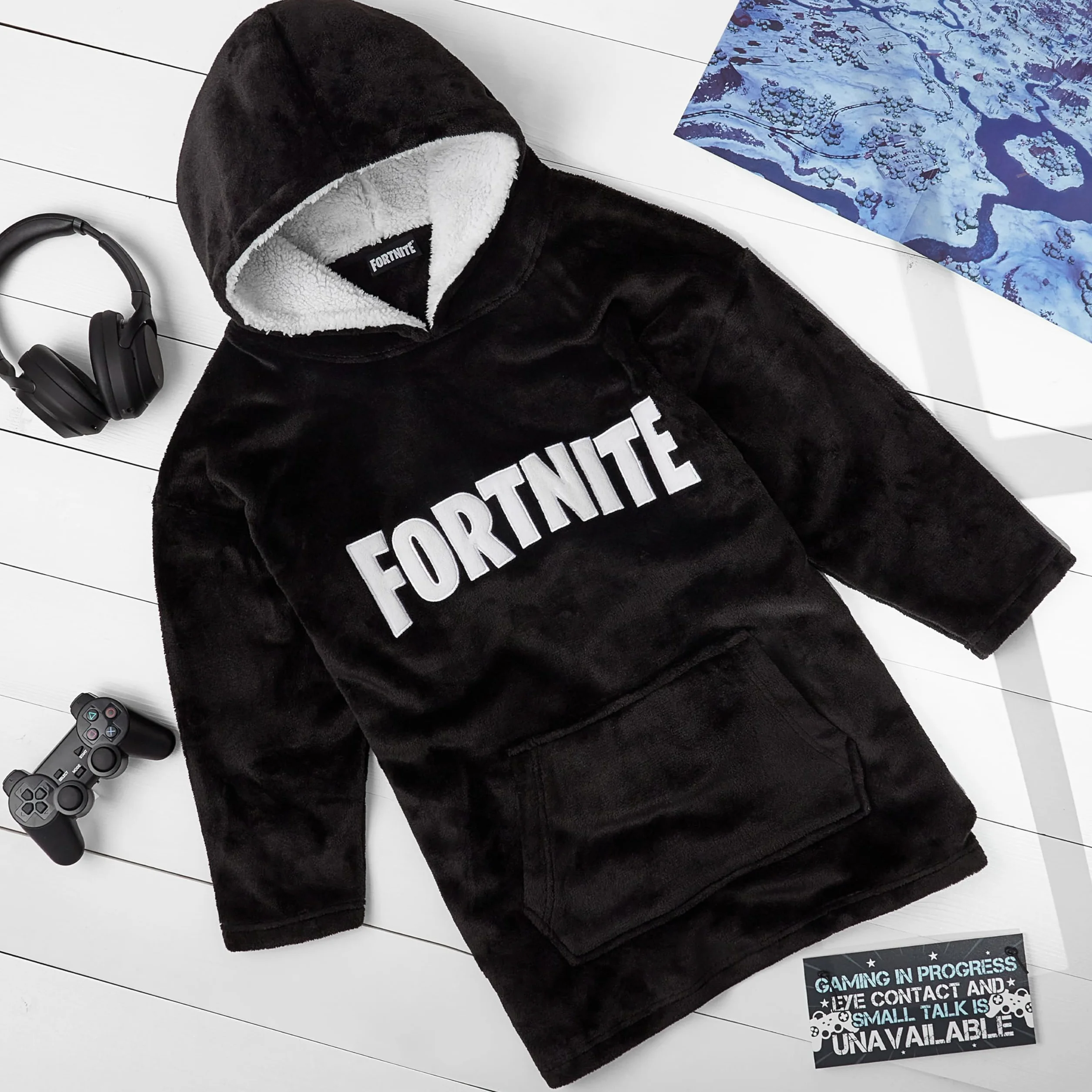 Bluza z kapturem Fortnite dzieci, duży rozmiar, koc z rękawami, polar, czarny