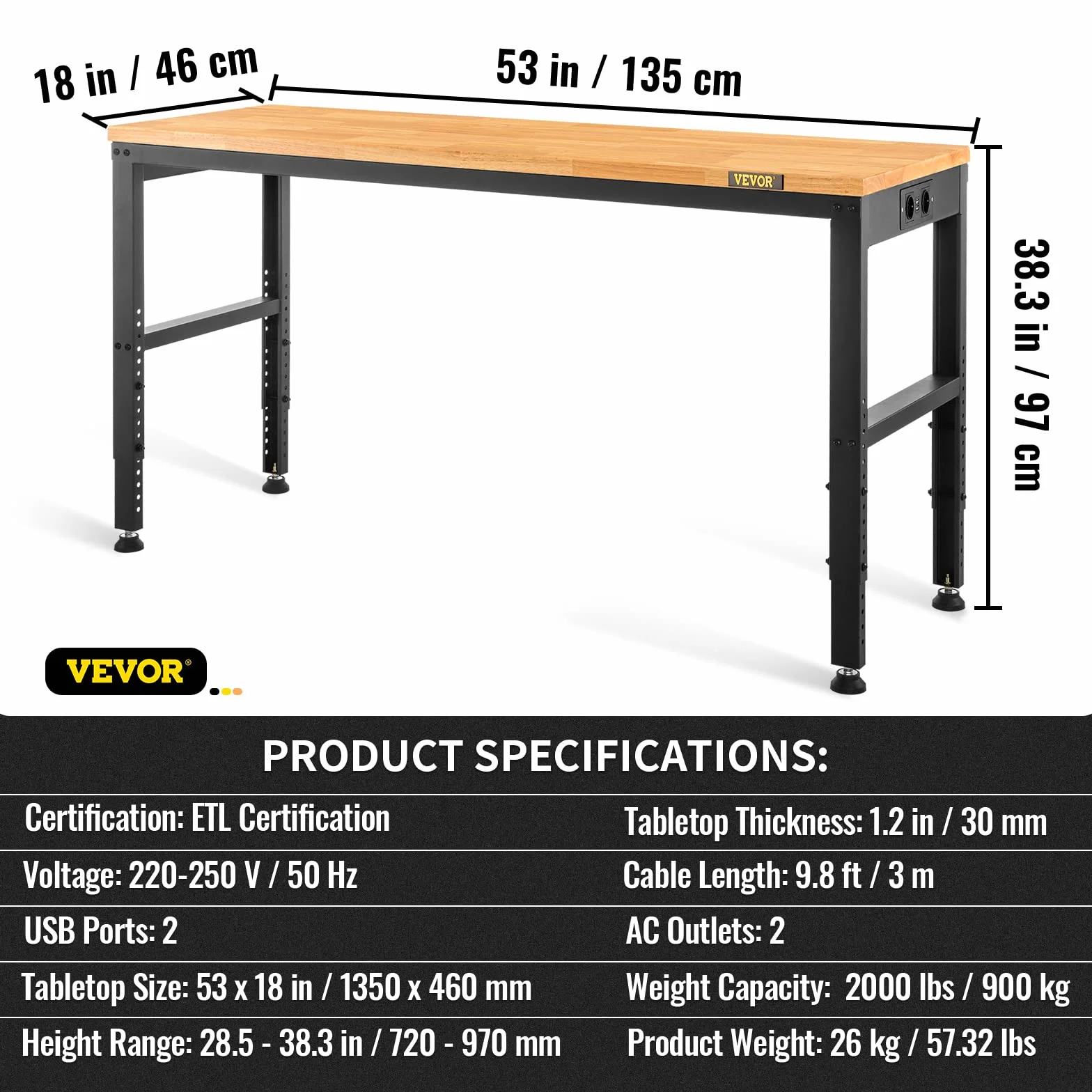 VEVOR Garaż warsztatowy 135x46x97 cm stół roboczy regulowana wysokość 72-97 cm, blat stołu warsztatowego z drewna dębowego stalowa rama, wytrzymały wytrzymały wielofunkcyjny stół warsztatowy do