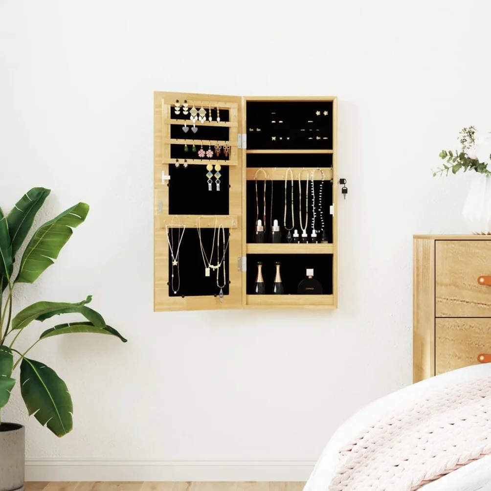 Szafka na biżuterię z lustrem, montaż ścienny, 30 x 8,5 x 67 cm, z materiału drewnopochodnego, zamykane drzwi z 2 kluczami, miękka poszewka z tkaniny, haczyki i półki na biżuterię i perfumy,