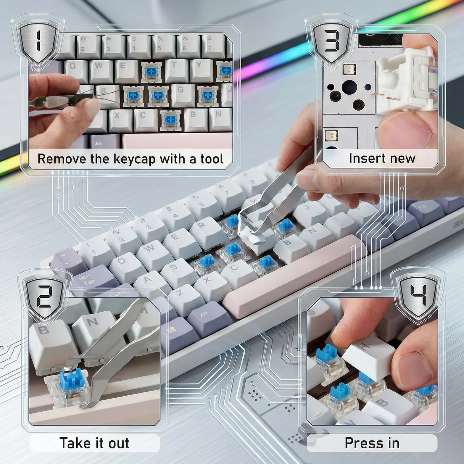 Nogeqi 30 sztuk niebieskich klawiatur z zatrzaskiem, klawiatura mechaniczna z wyciąganiem, 3-biegunowa klawiatura, pyłoszczelna, mechaniczna klawiatura do gier typu speed typing