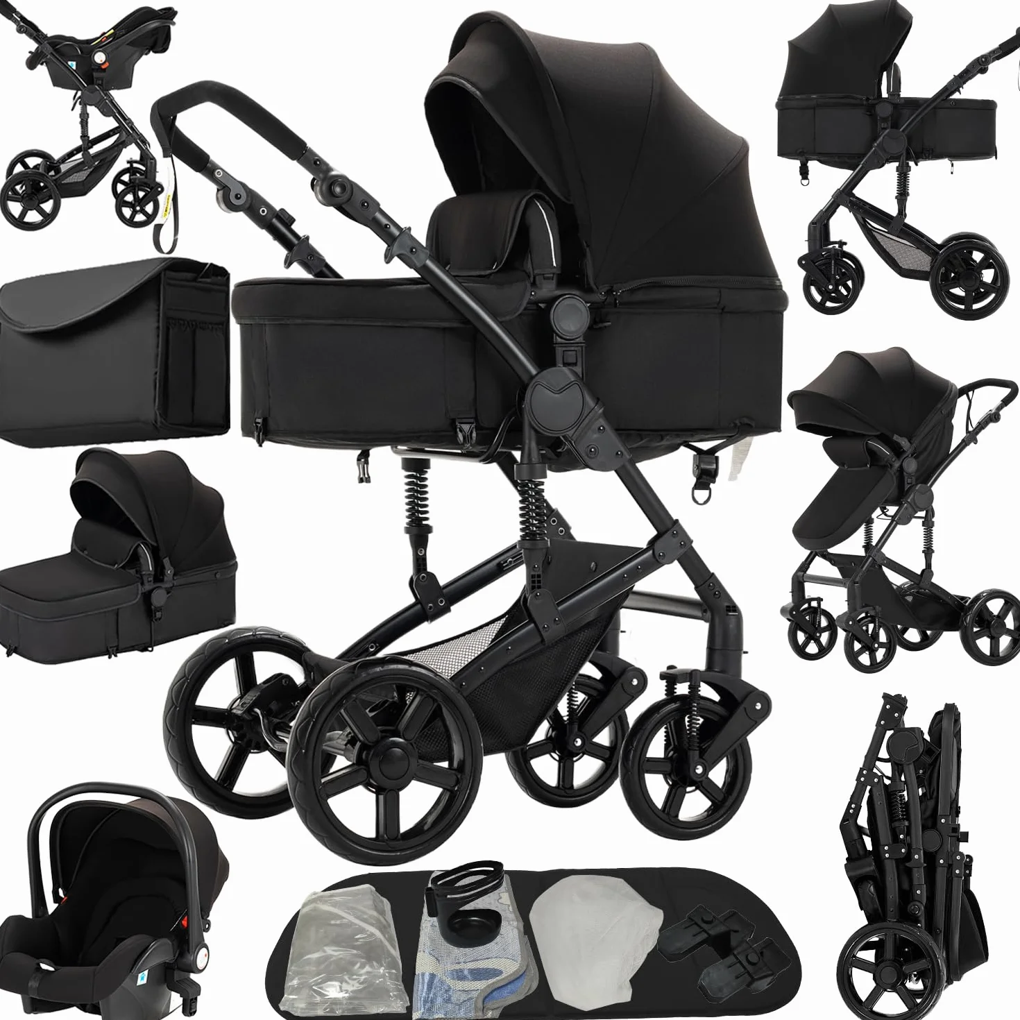 wózek Reborn dziecięcy 3 w 1, kompletny zestaw z ramą ze stopu aluminium i dwoma odwracalnymi trybami przesuwania