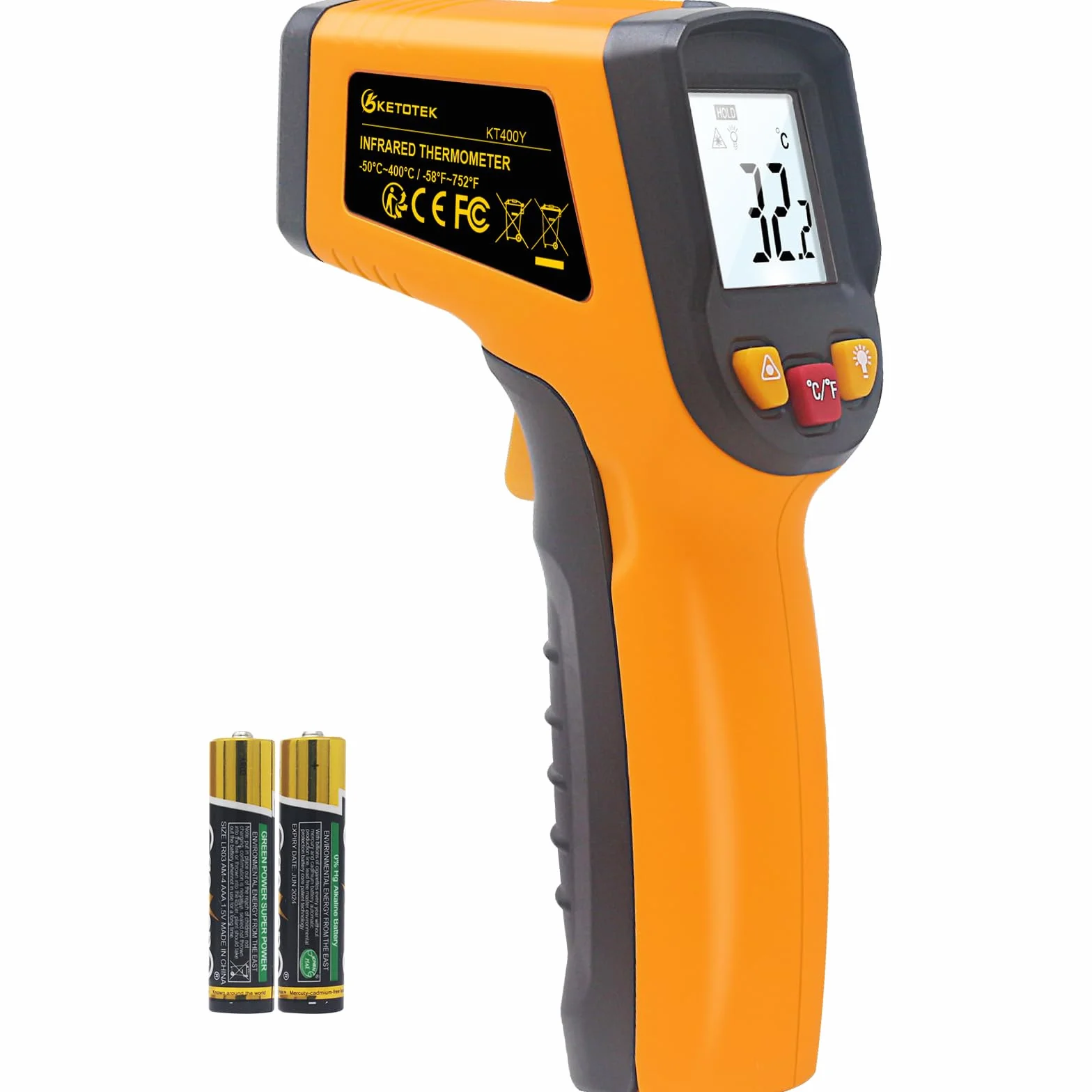 KETOTEK Termometr na podczerwień, Termometr laserowy na podczerwień Pistolet do pomiaru temperatury -50℃~400℃ Cyfrowy bezkontaktowy do gotowania żywności/grillowania/zamrażania/lodówki/mięsa