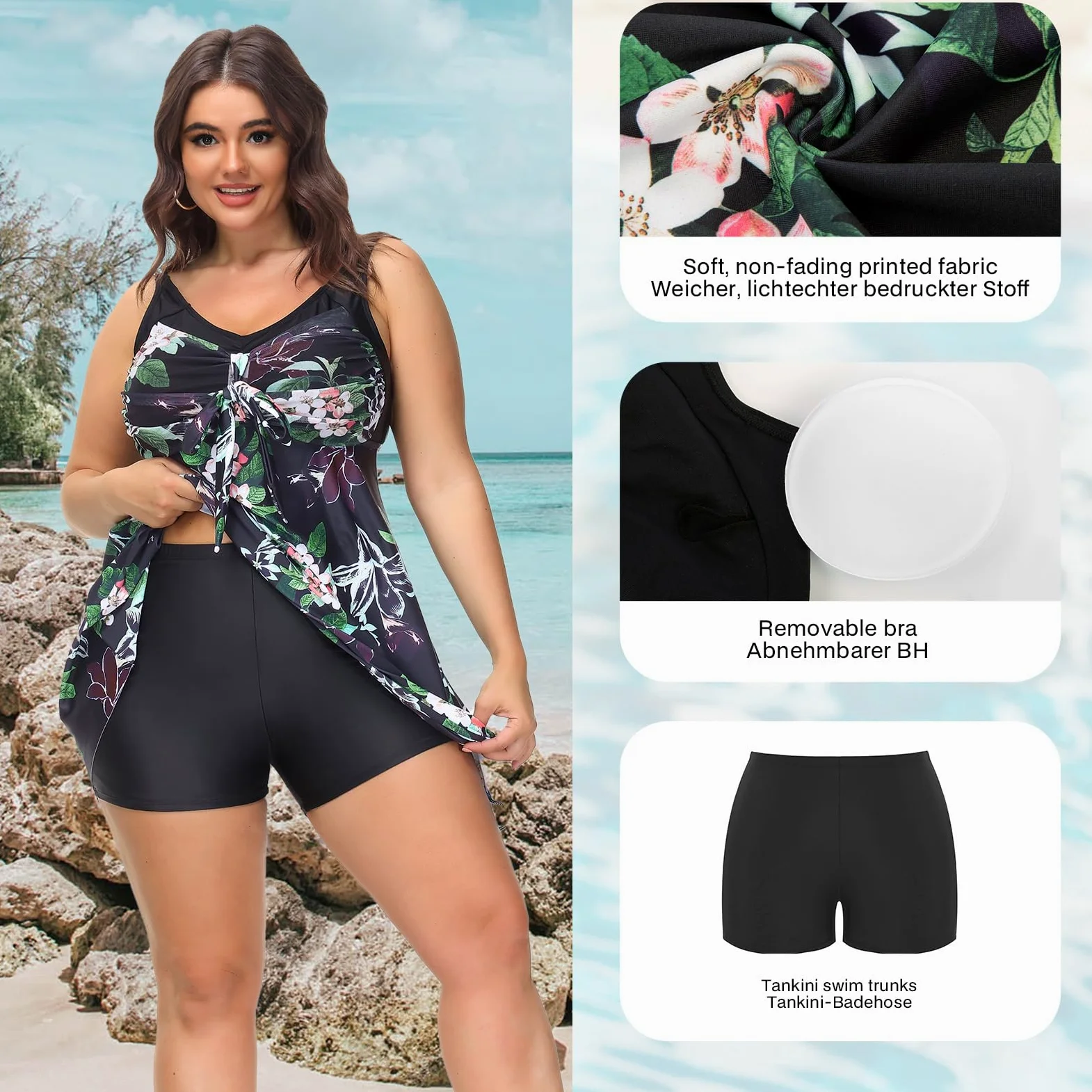 Hanna Nikole Tankini damski zestaw dużych rozmiarów, nadruk kwiatowy, sukienka kąpielowa, wyszczuplający brzuch, dwuczęściowy kostium kąpielowy z szortami chłopięcymi