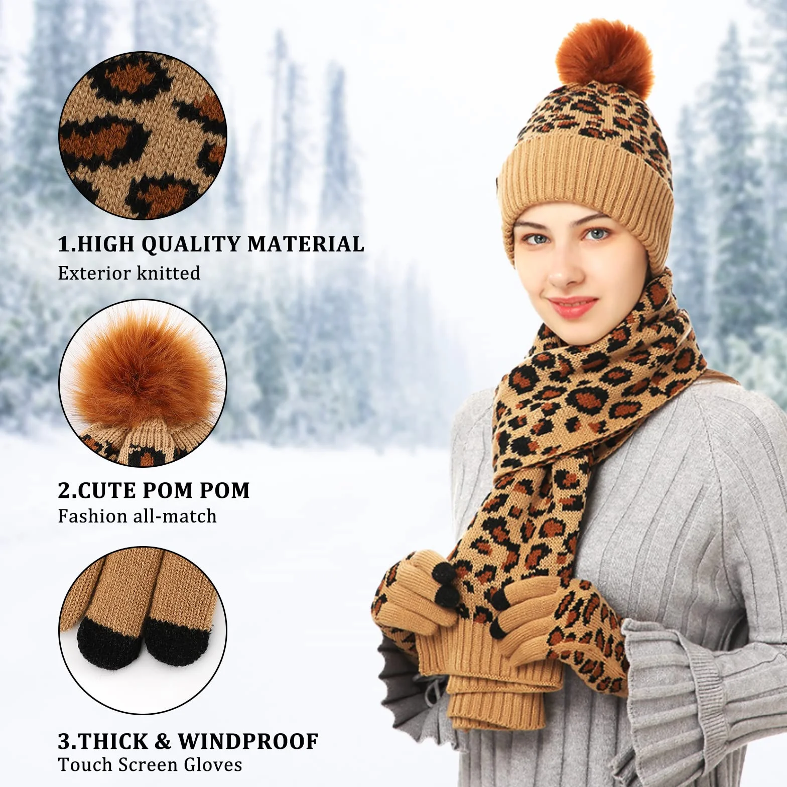 JINDUN Czapka szalik zestaw rękawiczek dla kobiet, zimowy ciepły gruby szalik dzianinowy czapka beanie i rękawiczki zimowe do ekranu dotykowego zestaw dla mężczyzn i kobiet