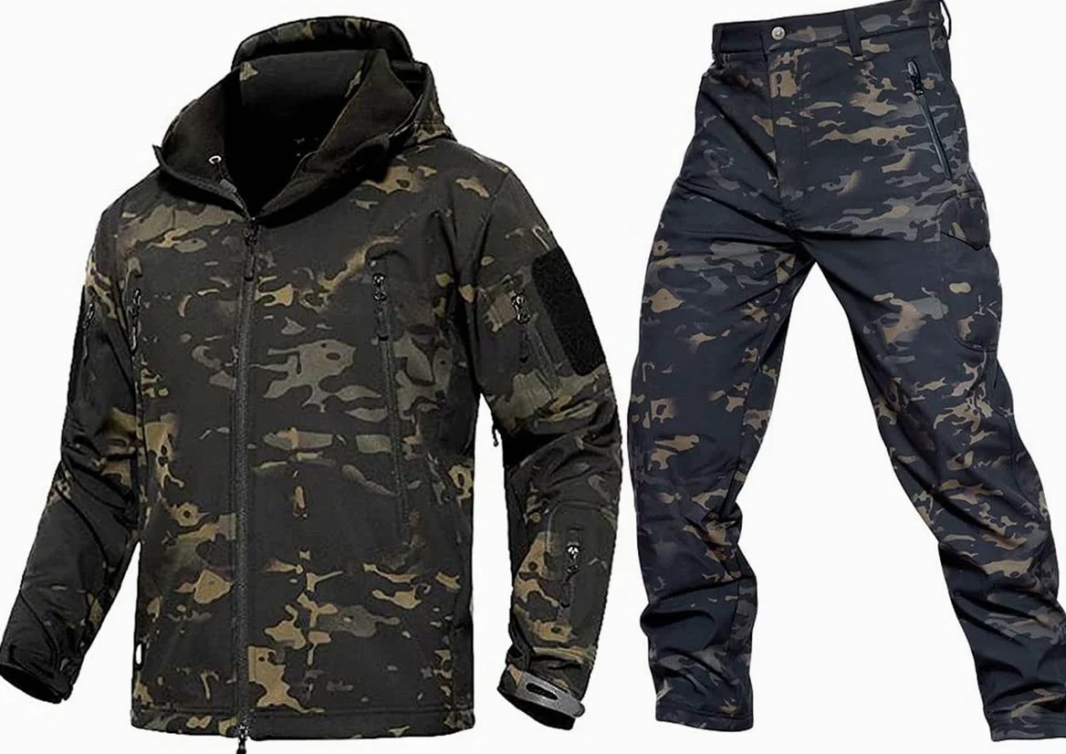 Czen Taktyczna kurtka i spodnie dla mężczyzn Kostium odzieży myśliwskiej mundur Camo wojskowy 7 szt zestaw kolorowych ubrań wojskowych (czarny CP,3XL)
