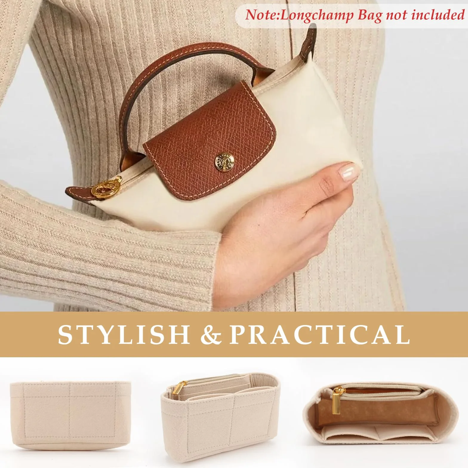 Organizer do torebki Longchamp Le Pliage Mini, z filcu, z wielofunkcyjnymi kieszeniami, duża pojemność