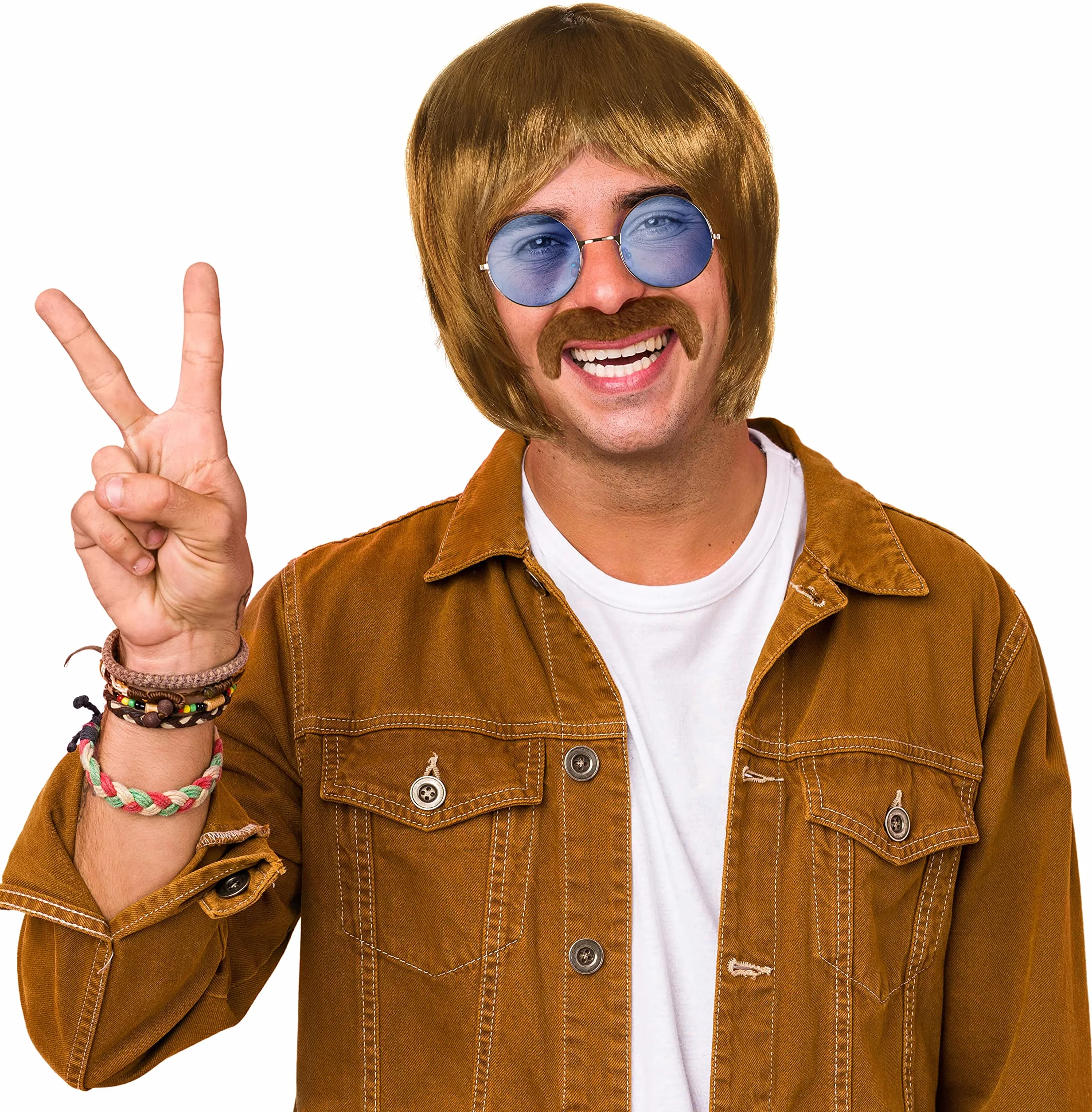 Zestaw hippie z peruką, okularami przeciwsłonecznymi i wąsami na karnawał