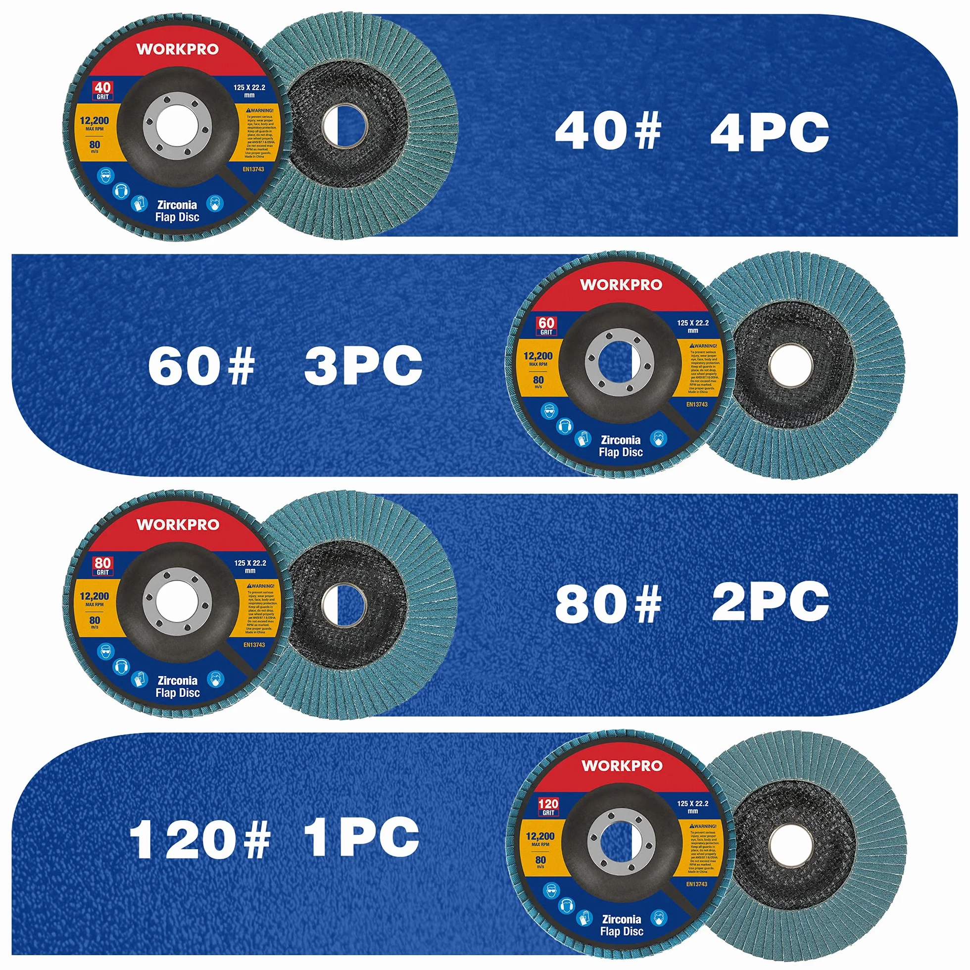 WORKPRO Profesjonalne tarcze wachlarzowe, 10 sztuk, Ø 125 mm x 22,2 mm, ziarnistość 40/60/80/120, niebieskie standardowe talerze szlifierskie do stali nierdzewnej