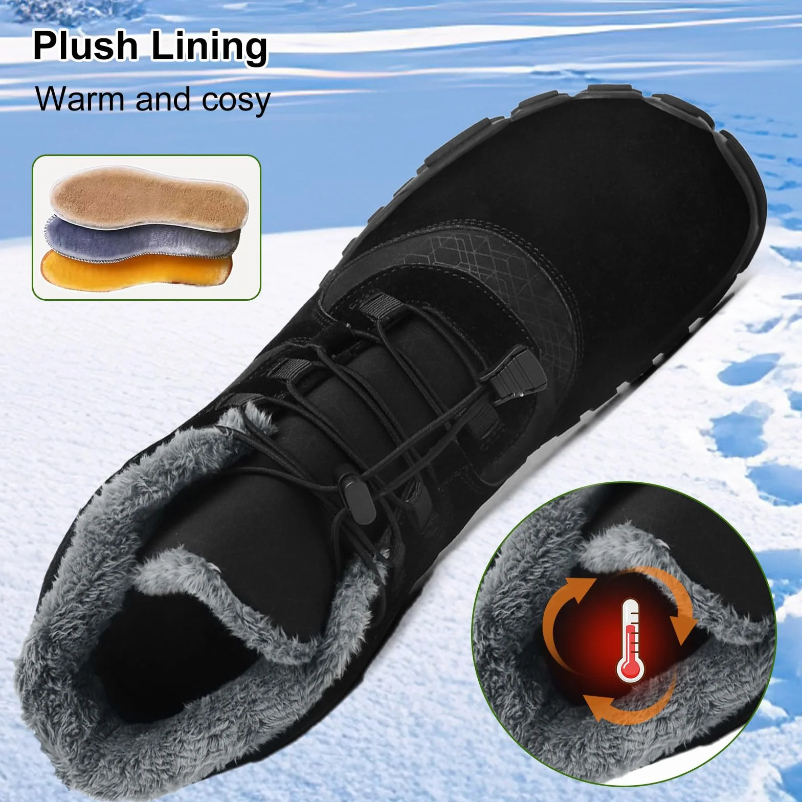 AONETIGER Zimowe buty na boso męskie i damskie śniegowce outdoorowe wodoodporne ciepłe futrzane podszewki buty do chodzenia lekkie antypoślizgowe buty turystyczne rozmiar 4-13 UK