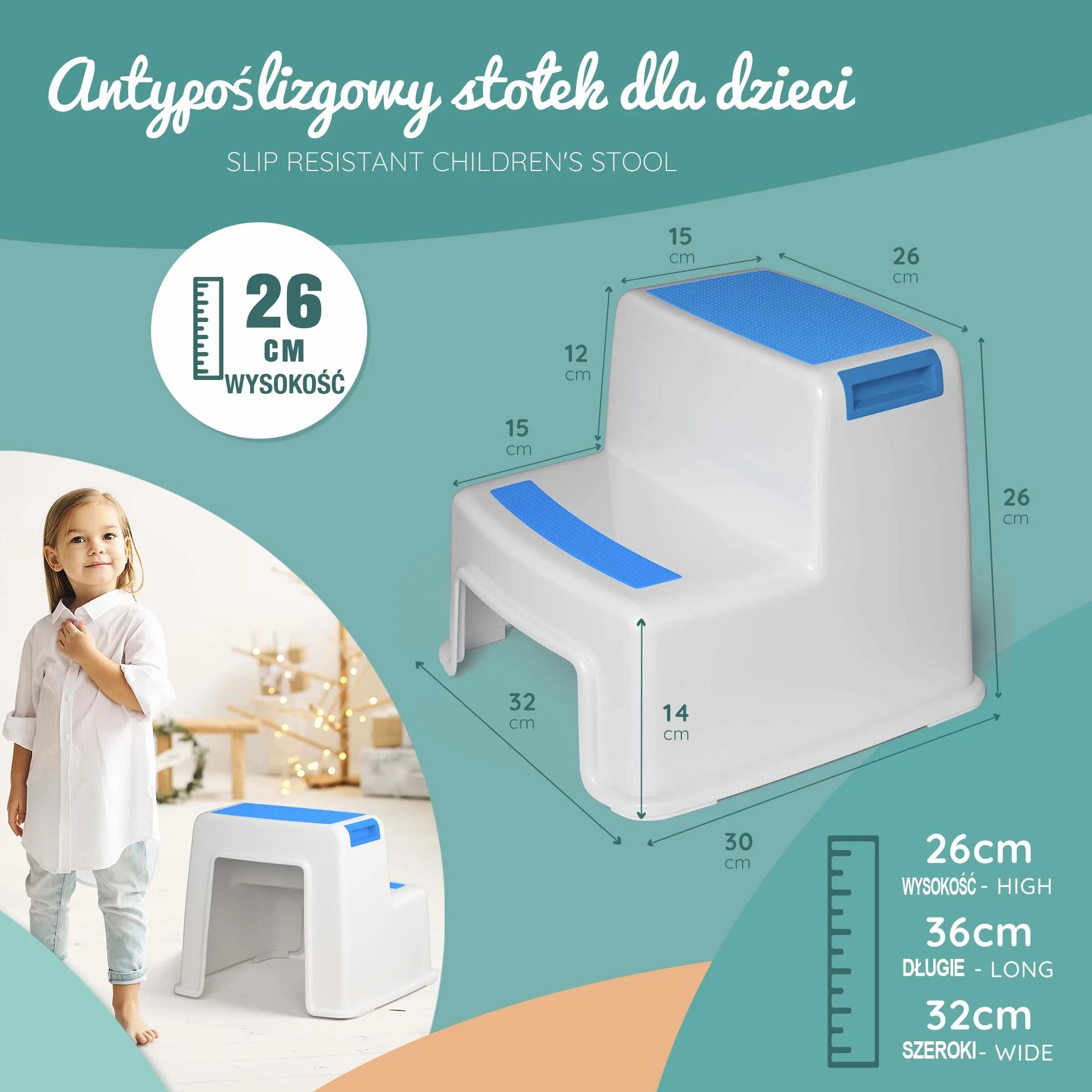 Beartop podnóżek do stawania klasy premium, bardzo stabilny (do 100 kg), z 2 stopniami, powłoka antypoślizgowa, wysokość 26 cm, taboret dla dzieci, schodek dla dzieci, podnóżek dla dzieci, podnóżek