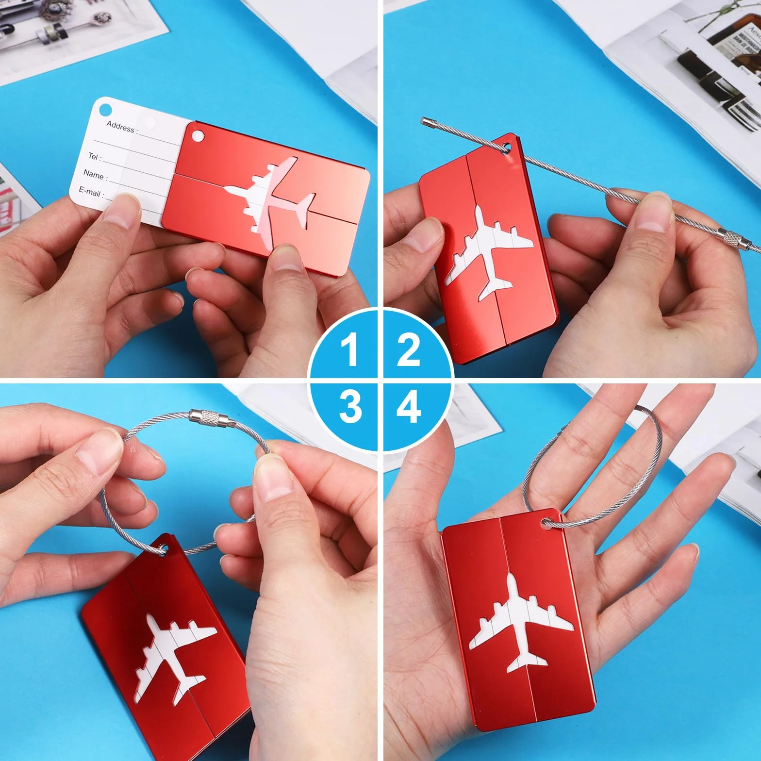 8 sztuk przywieszek do walizki z tabliczką adresową, 7,5 x 4,5 cm, aluminiowe zawieszki adresowe, walizka z pętlą ze stali nierdzewnej, na długie i krótkie podróże