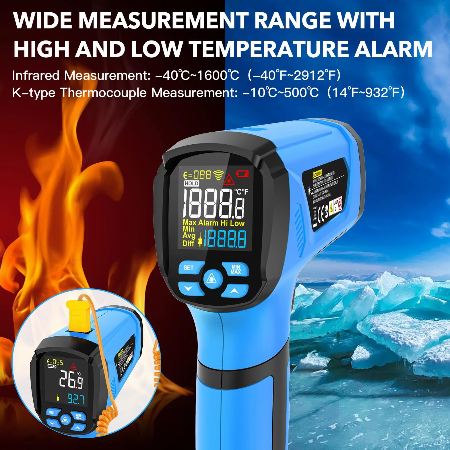 Termometru na Podczerwień Pirometr MESTEK 50:1 Pistolet Temperaturowy, -40℃ do 1600℃ Termometr Laserowy z Kolorowym LCD do Przemysłowego Wytopu Metali Kucia HVAC,Regulowana Emisyjność