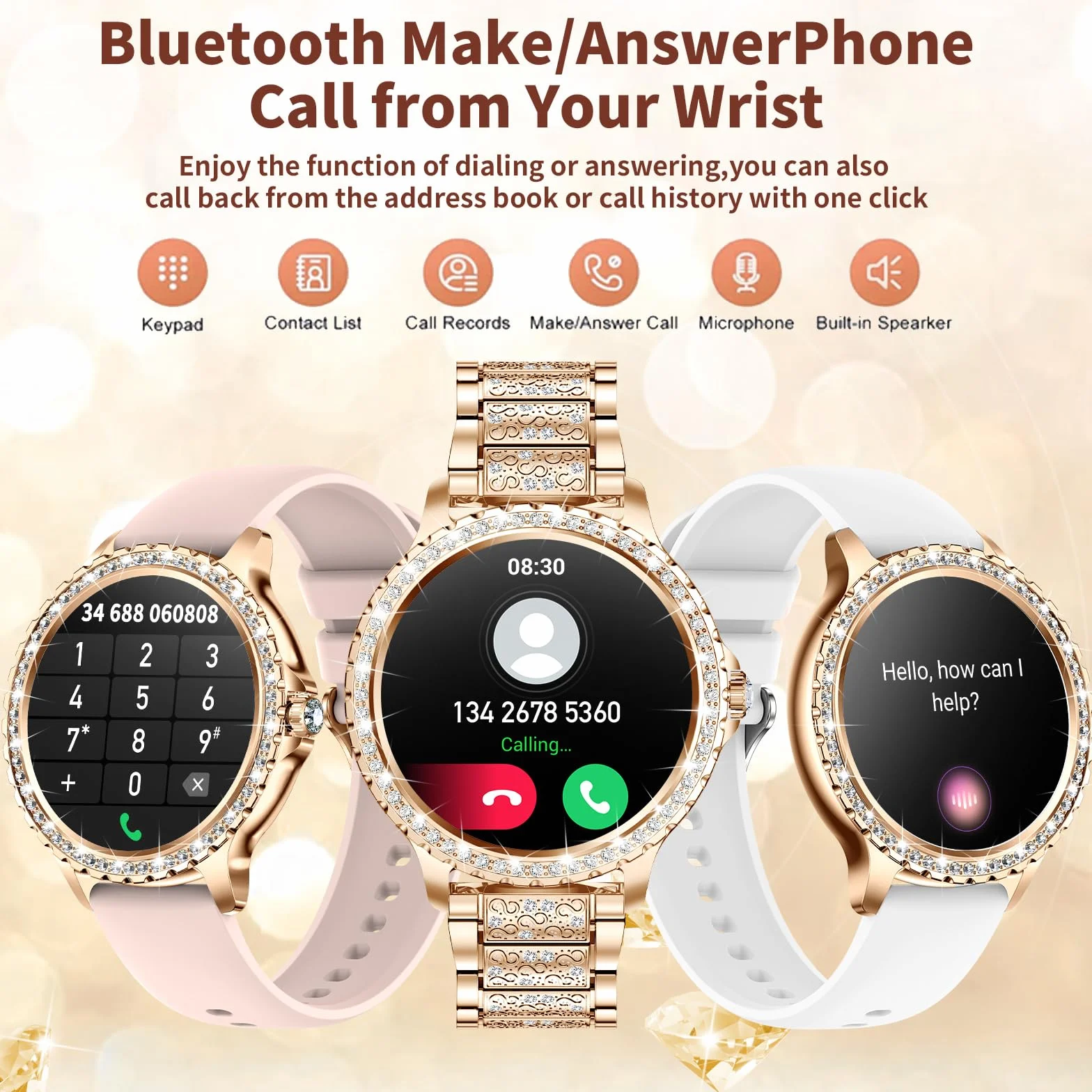 Smartwatch damski Diamond, 1,32", cykl menstruacyjny, pulsometr, monitor snu, sterowanie muzyką, 110 trybów sportowych, zegarek z funkcją telefonu i połączeń