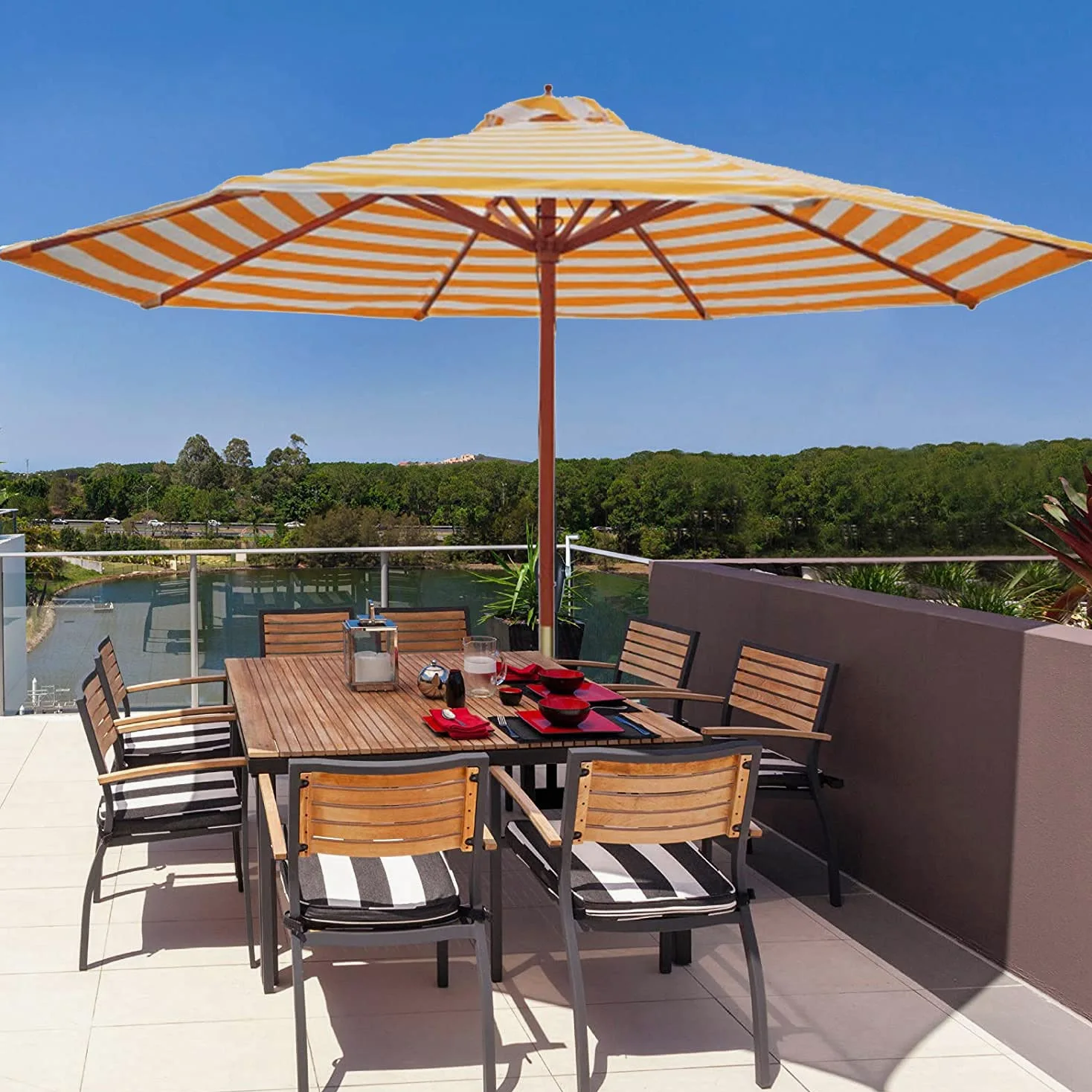 Parasol Stołowy O Długości 2,7 M / 8,9 Stopy, Parasol Plażowy W Paski, Drewniany Parasol O Dużej Wytrzymałości, Parasol Ogrodowy, Przenośny Parasol Kempingowy
