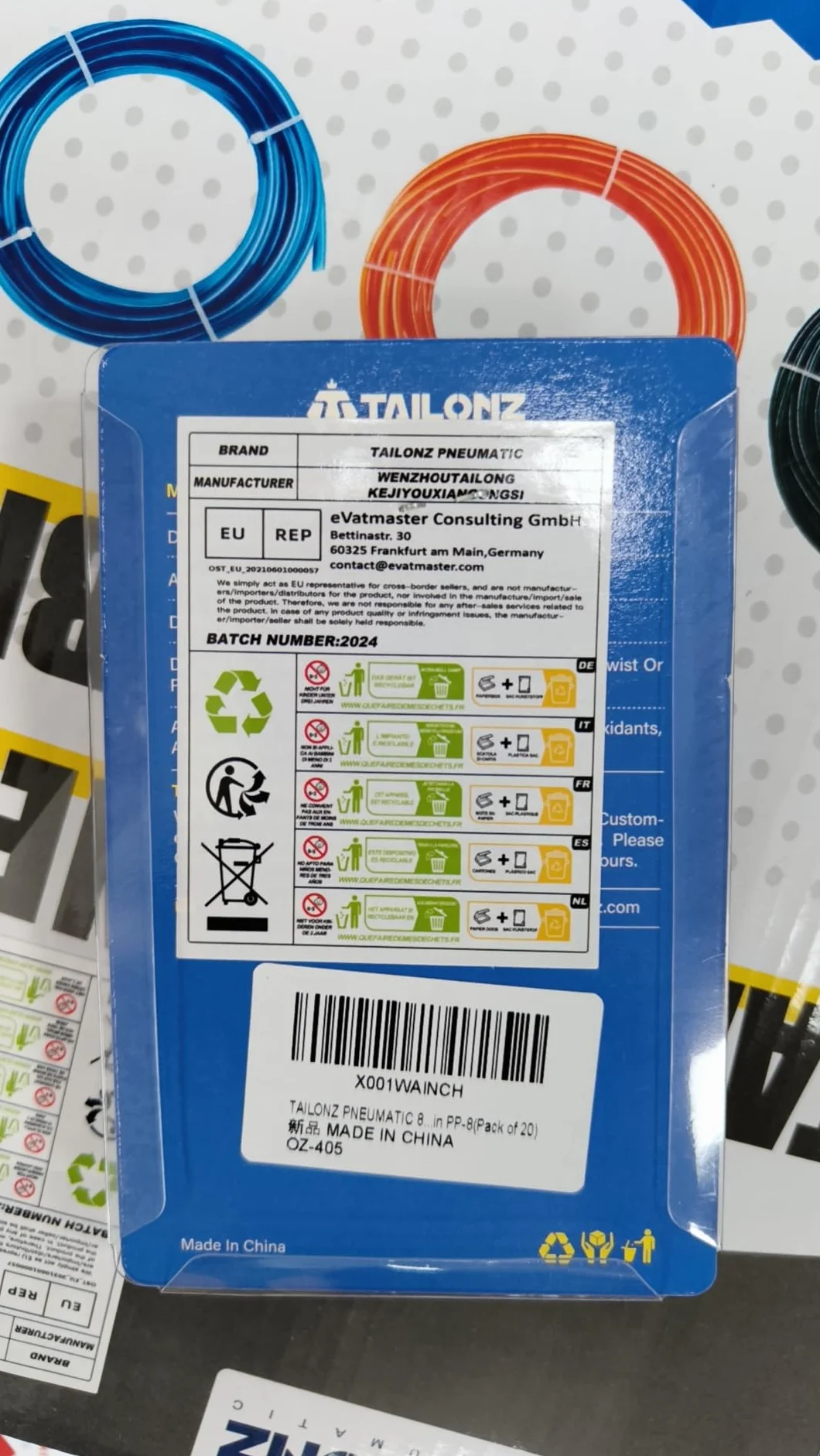 TAILONZ PNEUMATIC 8 mm OD Push-to-Connect Wtyczka Pbt żywica PP-8 (opakowanie 20 szt.)