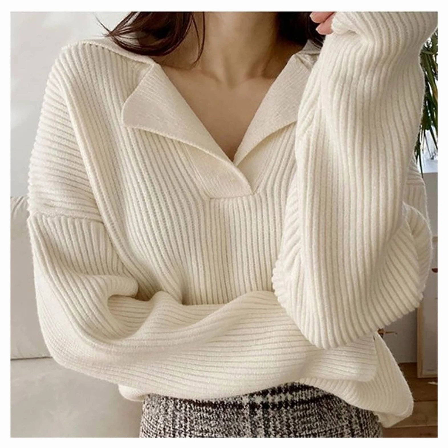 Luźny sweter z dzianiny, dekolt w kształcie litery V, długi rękaw, sweter oversize, sweter damski (kolor: D, rozmiar: jak na zdjęciu) (E jak pokazano)